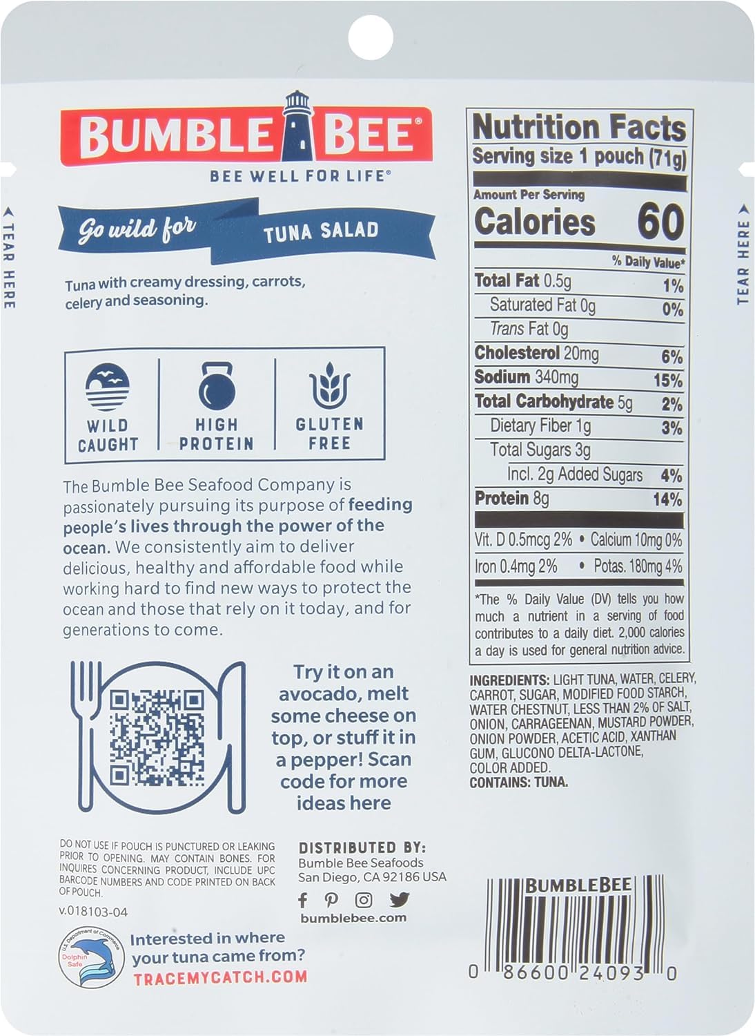 Bumble Bee Sandwich In Seconds Tuna Salad, 2.5 Oz Pouches (Pack Of 12) - Ready To Eat - Wild Caught Tuna Pouch - 8G Protein Per Serving - Gluten Free
