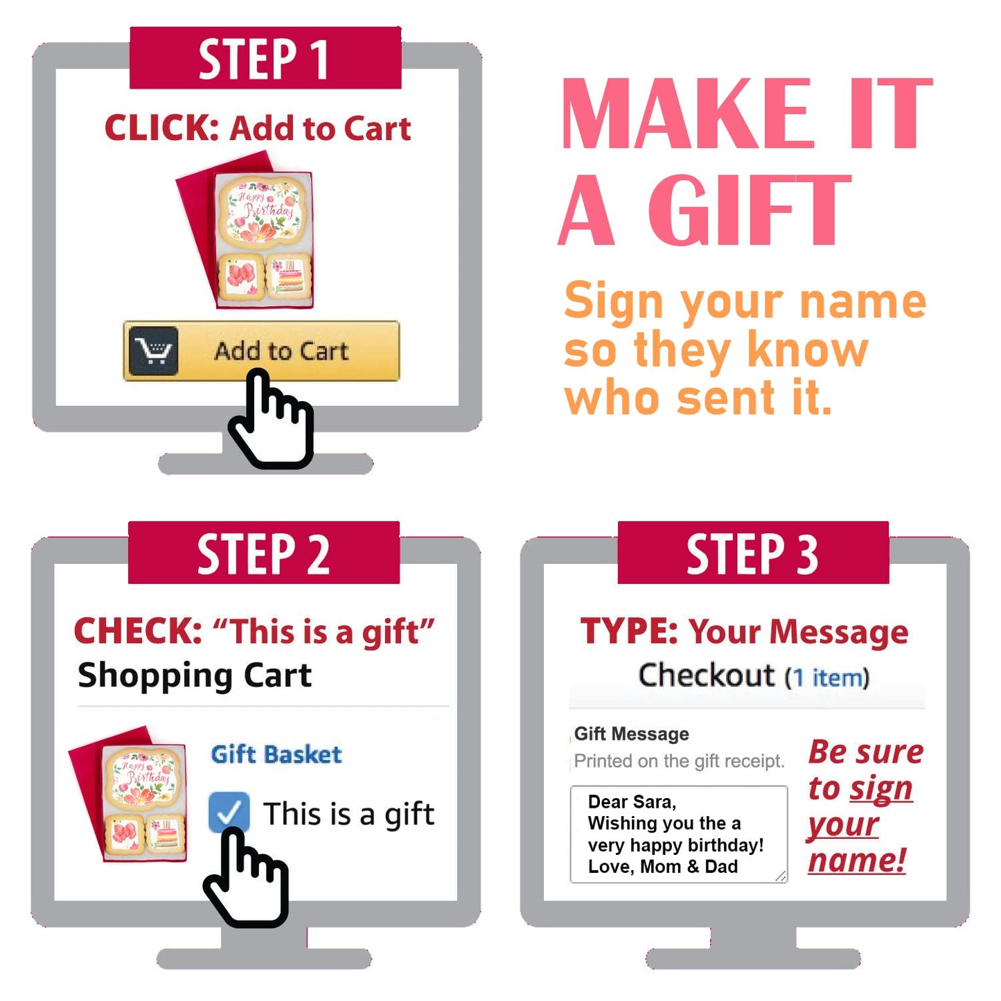 Happy Birthday Cookies Gift Basket For Women And Girls Her Decorated Sugar Cookie Gift Box Floral | Nut Free | 3 Pack | Kosher