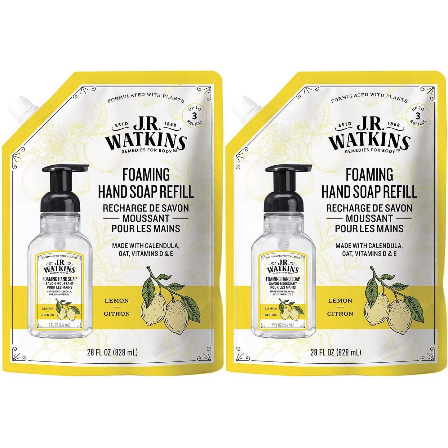 Jr Watkins Foaming Hand Soap Refill Pouch, Lemon, Scented Foam Handsoap For Bathroom Or Kitchen, Usa Made And Cruelty Free, 28 Fl Oz(Pack Of 2)