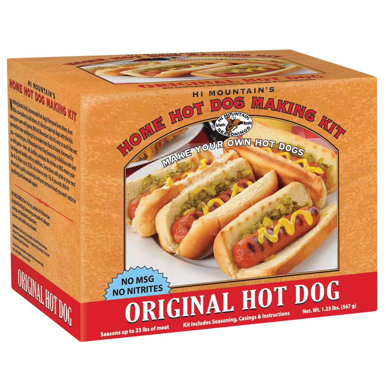 Hi Mountain Seasonings ǀ Original Hot Dog Making Kit ǀ Includes Seasoning, Collagen Casings, And Simple-To-Follow Directions ǀ Creates 23 Lbs Of Delicious Hot Dogs