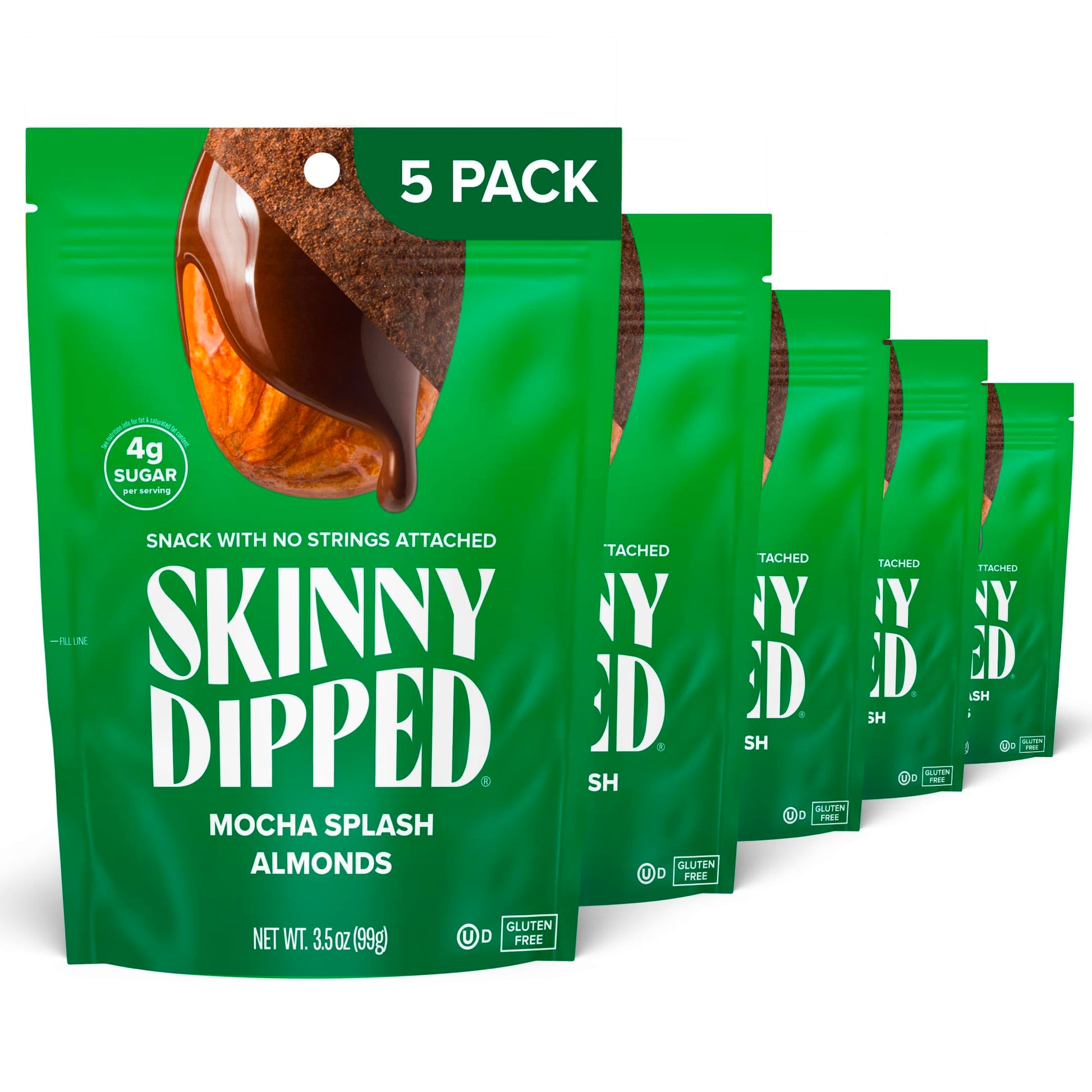 SkinnyDipped Mocha Splash Almonds, Healthy Snack, Plant Protein, Gluten Free, 3.5 oz Resealable Bags, Pack of 5