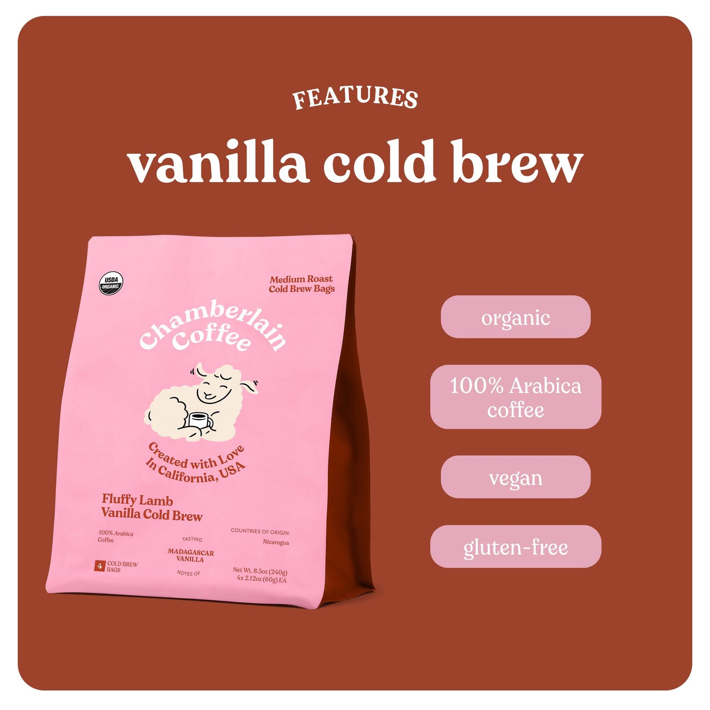 Chamberlain Coffee Fluffy Lamb Vanilla Cold Brew Bags - XL Cold Brew Bags - Premeasured, Ready to Brew, Cold Brew Coffee Packs -