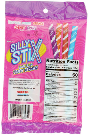 Silly Stix Sour Filled Candy Straws 2.75oz Bag - Tropical Punch, Orange, Cherry, Grape (Pack of 1)