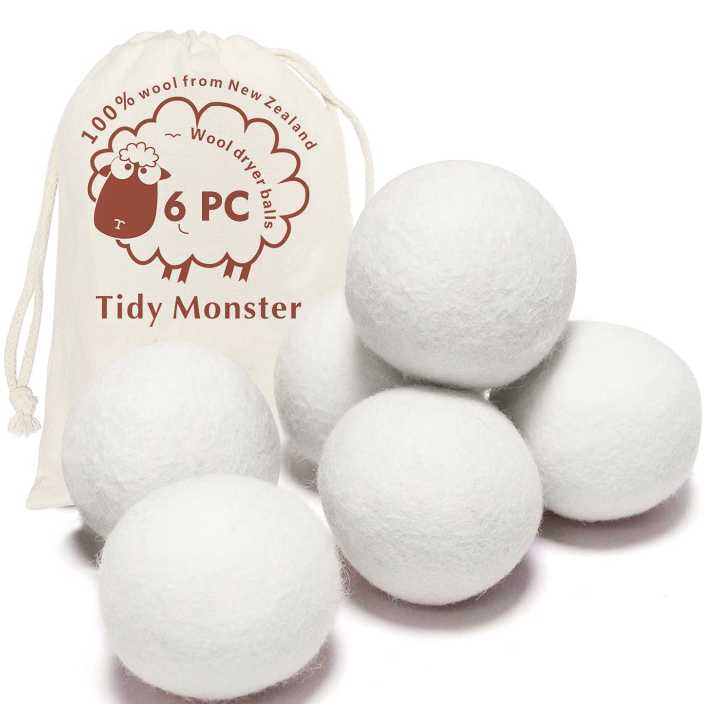 6 Pack All Natural Organic Wool Dryer Balls Xl Size - Reusable Chemical Free Natural Fabric Softener, Anti Static, Reduces Cloth