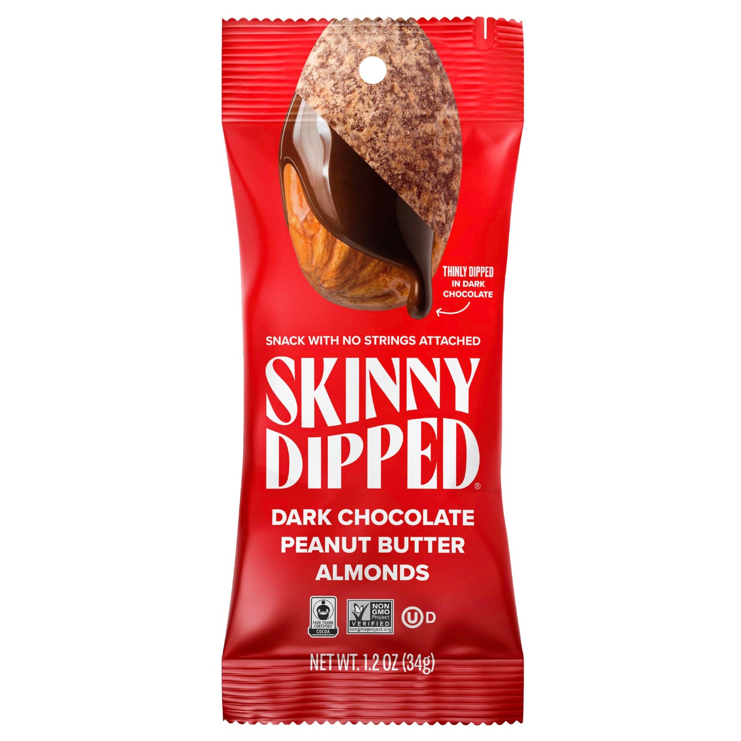 SkinnyDipped Dark Chocolate Peanut Butter Almonds Chocolate Covered Almonds Low Sugar Gluten Free Healthy Snack 1.2 Ounce Bags (Pack of 15)