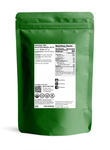 Food to Live Organic Dry Roasted Brazil Nuts, 8 Oz Non-GMO, Whole, Unsalted, Oven Roasted, No Oil Added, Vegan, Kosher. Good Sou