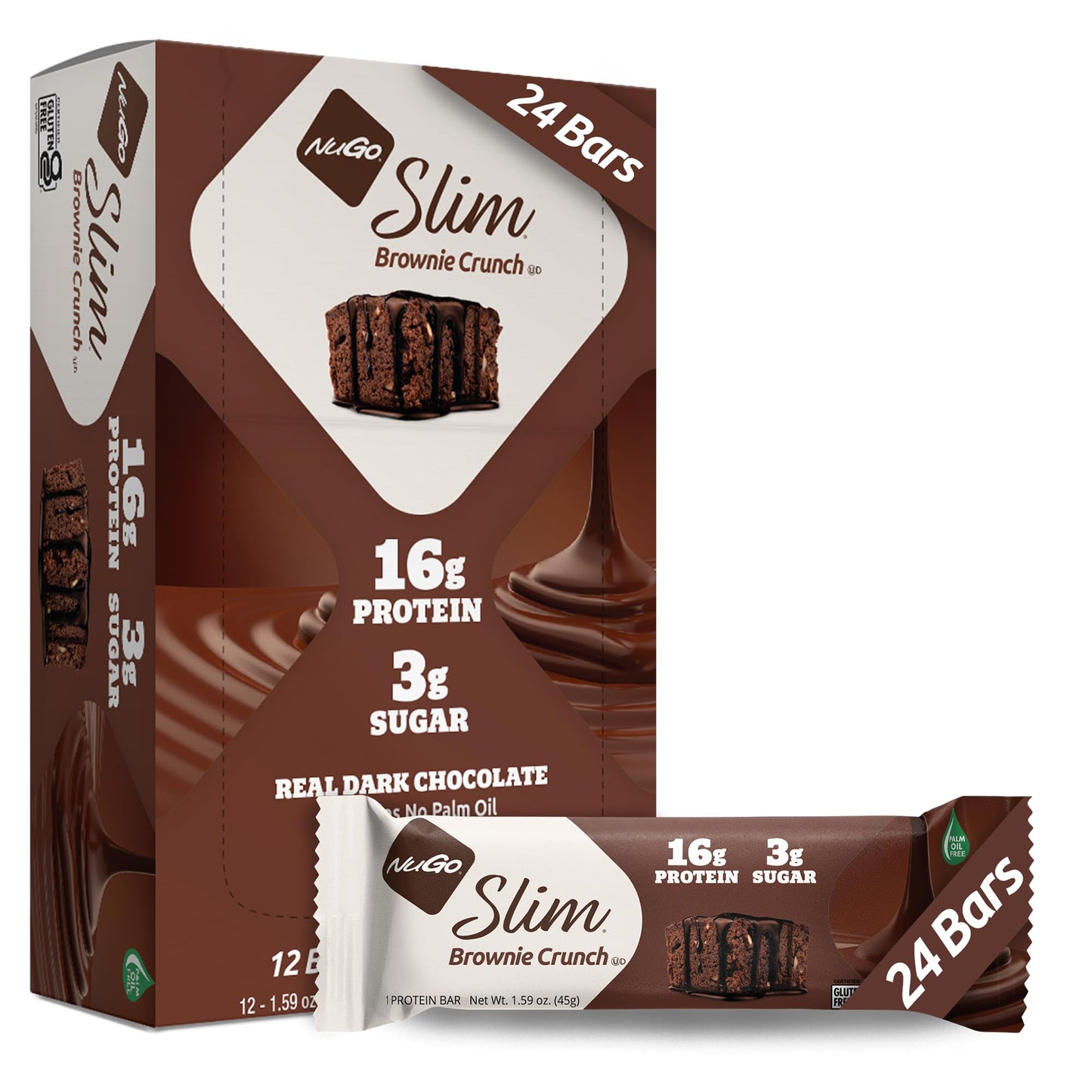 Nugo Slim Dark Chocolate Brownie Crunch, 16g Protein, 2g Sugar, 7g Fiber, Low Net Carb, Keto Friendly, Gluten Free, 24 Count