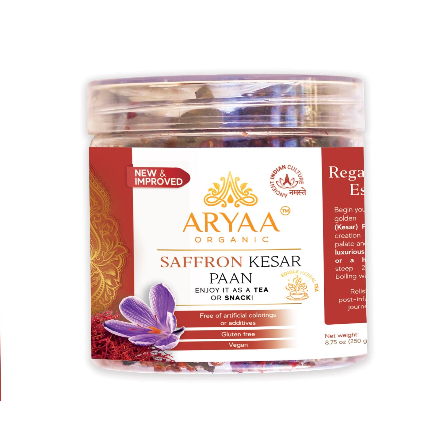 Aryaa Organic Saffron Kesar Paan | 8.75oz (250g) | Ayurvedic Digestive, Mouth Freshener & Herbal Tea | Vegan, Gluten-Free, Non-G
