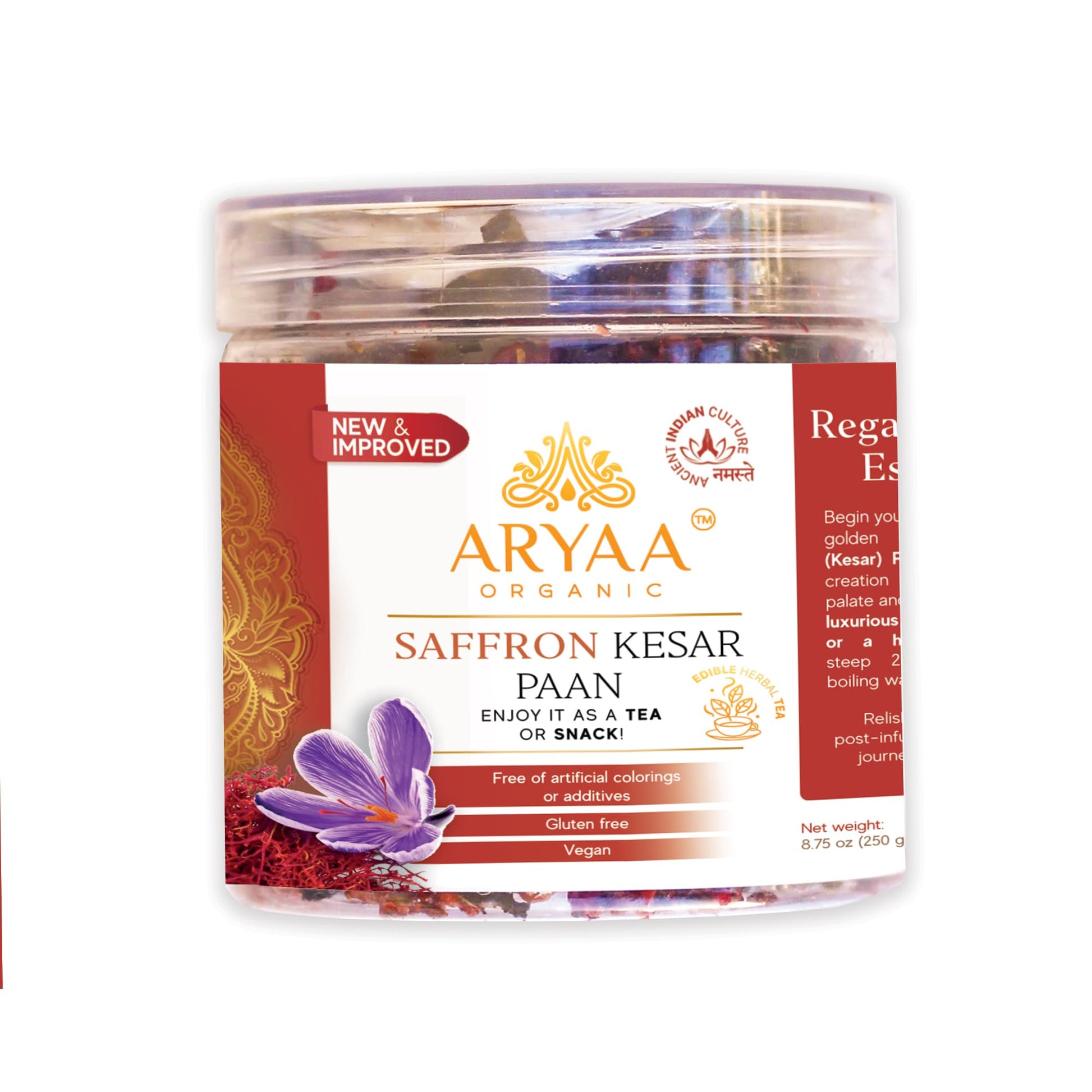 Aryaa Organic Saffron Kesar Paan | 8.75oz (250g) | Ayurvedic Digestive, Mouth Freshener & Herbal Tea | Vegan, Gluten-Free, Non-G