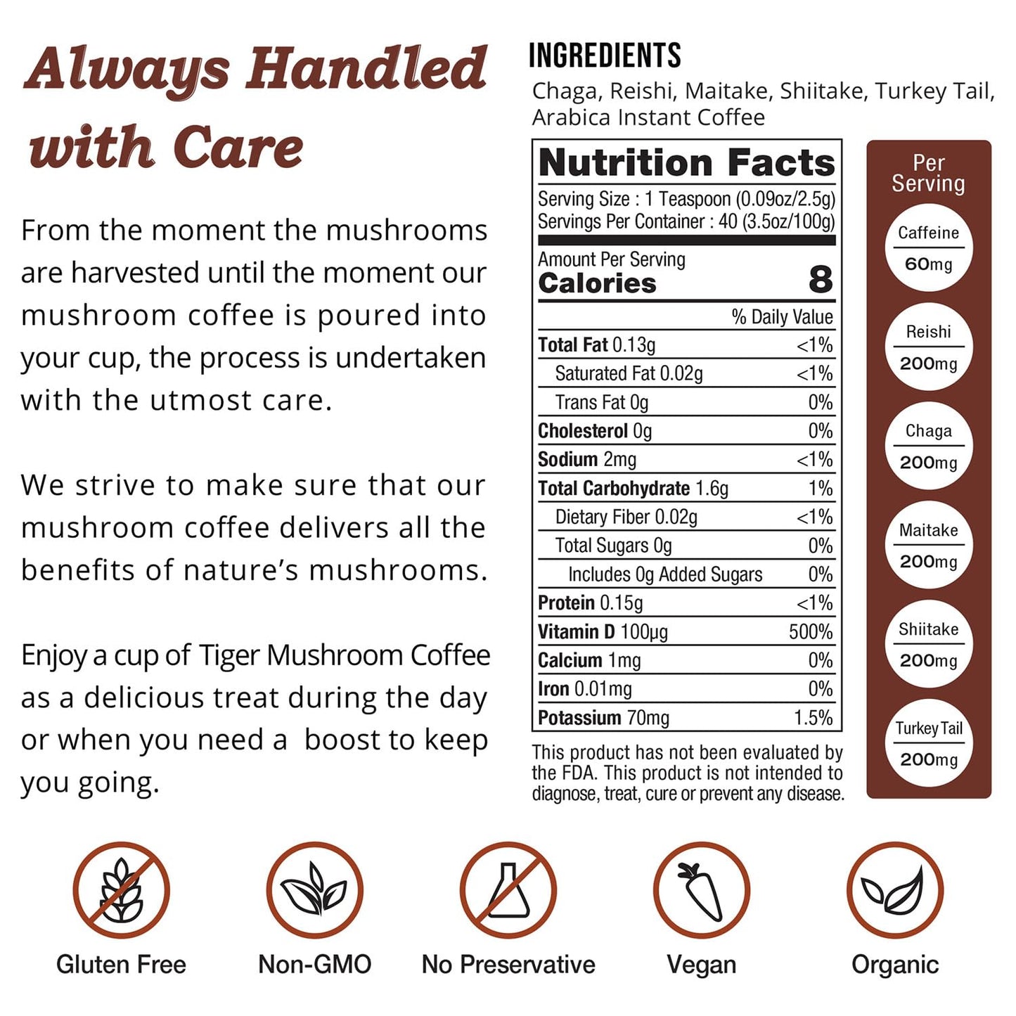 LOKO nature Tiger Organic Instant Coffee - 30 Servings, 3.6 Ounce, Gluten & Dairy Free, Vegan, with 5 Mushrooms, Model LSKTGMC19