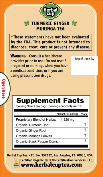 Herbal Cup Ayurveda Turmeric Tea, Organic Ginger Moringa, No Caffeine Herbal Teas (Turmeric Ginger Moringa, 16 Count (Pack Of 6))
