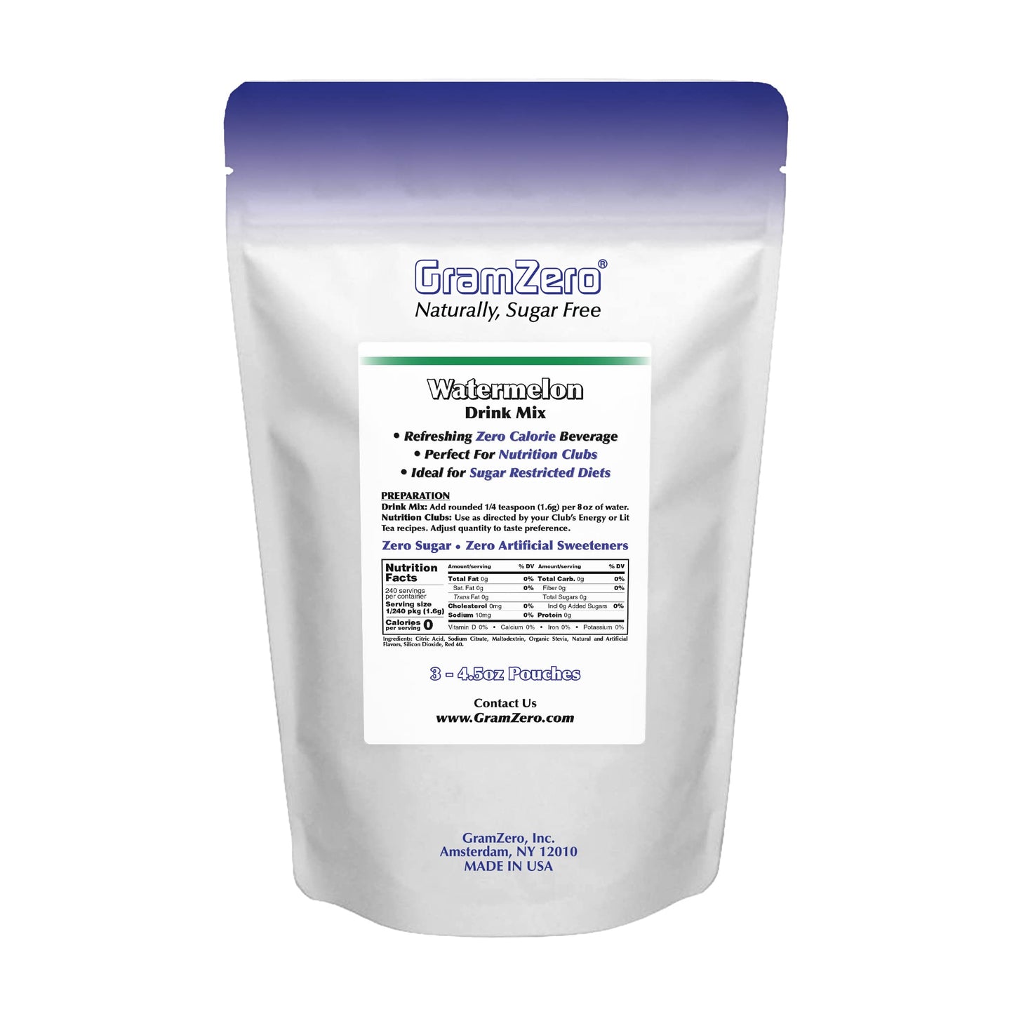GramZero Watermelon Zero Calorie Sugar Free Drink Mix, Great For Nutrition Club Loaded Teas, Stevia Sweetened