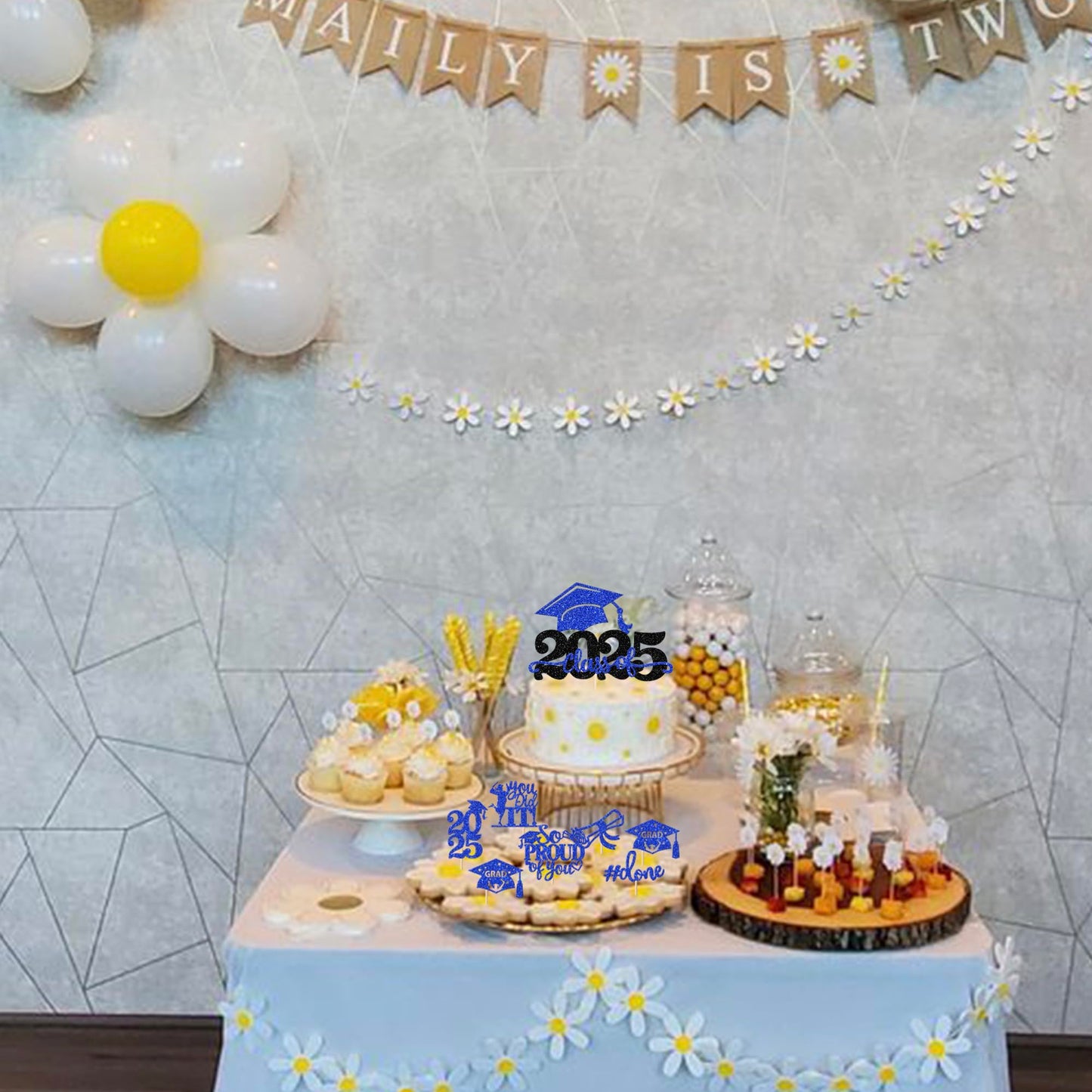 YCTHUNFISH Graduation Cupcake Toppers 25 Pack Glitter Paper Blue 2025 Theme Party Decorations