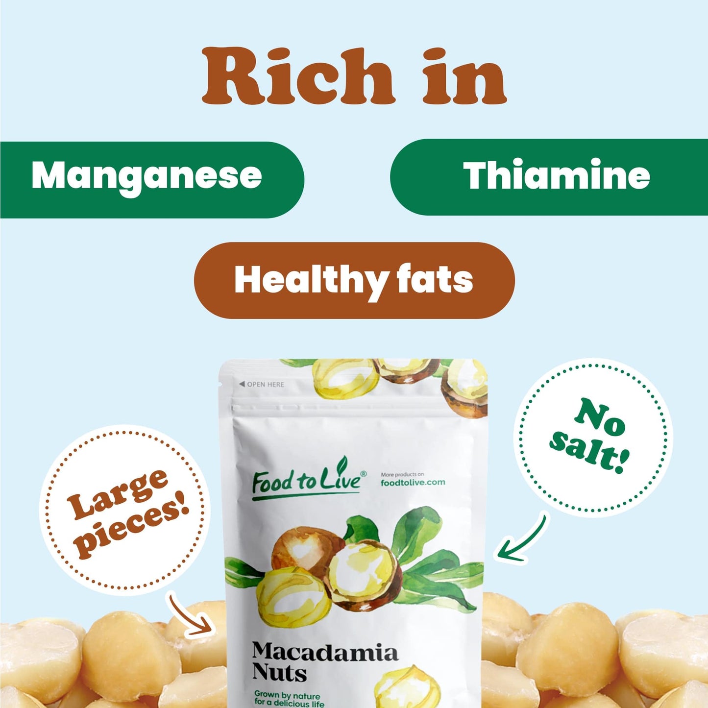 Food To Live Macadamia Nut Halves & Pieces, 8 Ounces – Raw, Shelled, Unsalted, Kosher, Vegan, Bulk. Keto Snack. Good Source Of Healthy Fats. Great For Baking, And As Topping For Salads, Yogurt.