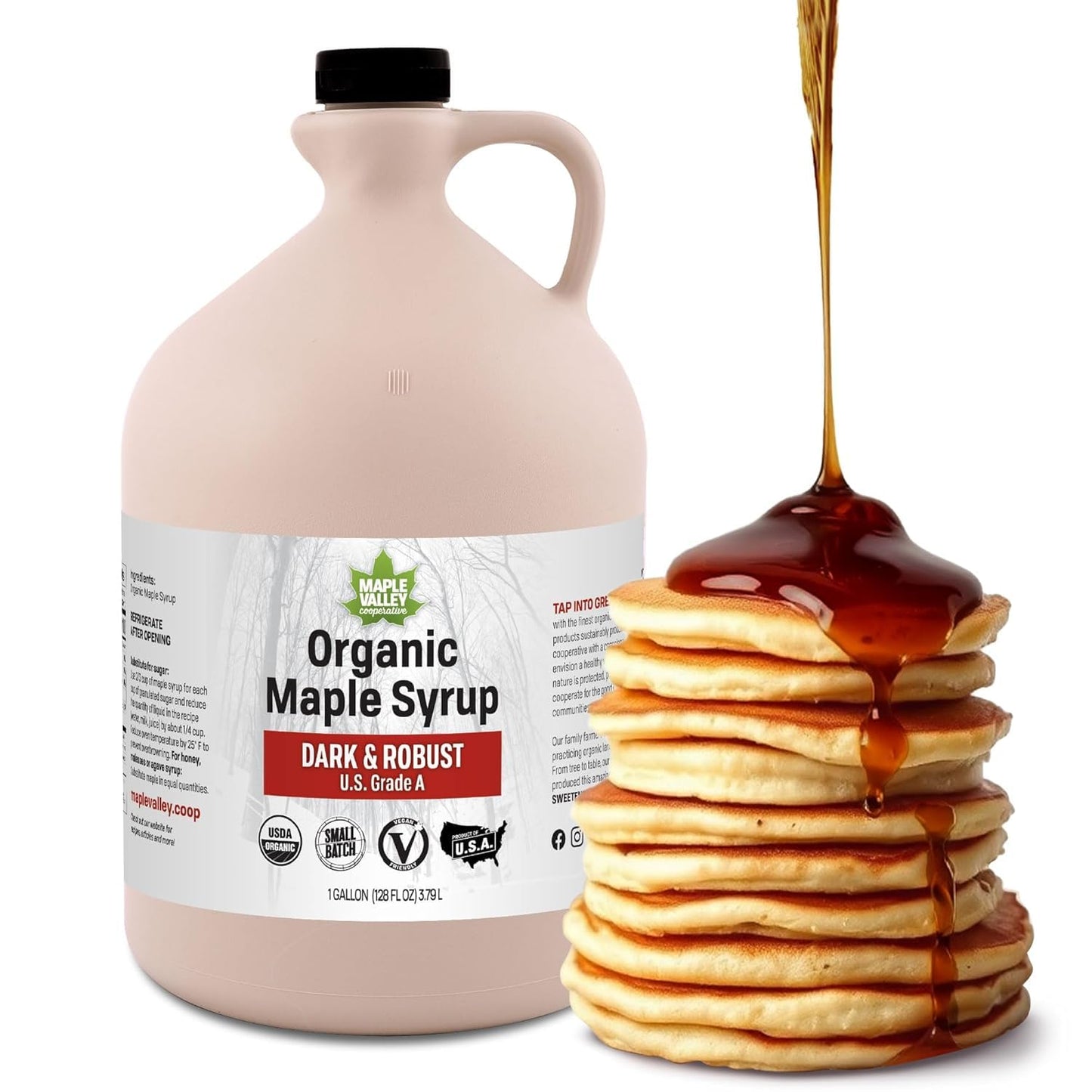 Maple Valley Organic Pure Maple Syrup Dark & Robust Playter Than Pancake Syrup Use For Coffee Or All-Natural Sugar Substitute In Cooking And Baking (128Oz Plastic Jug)