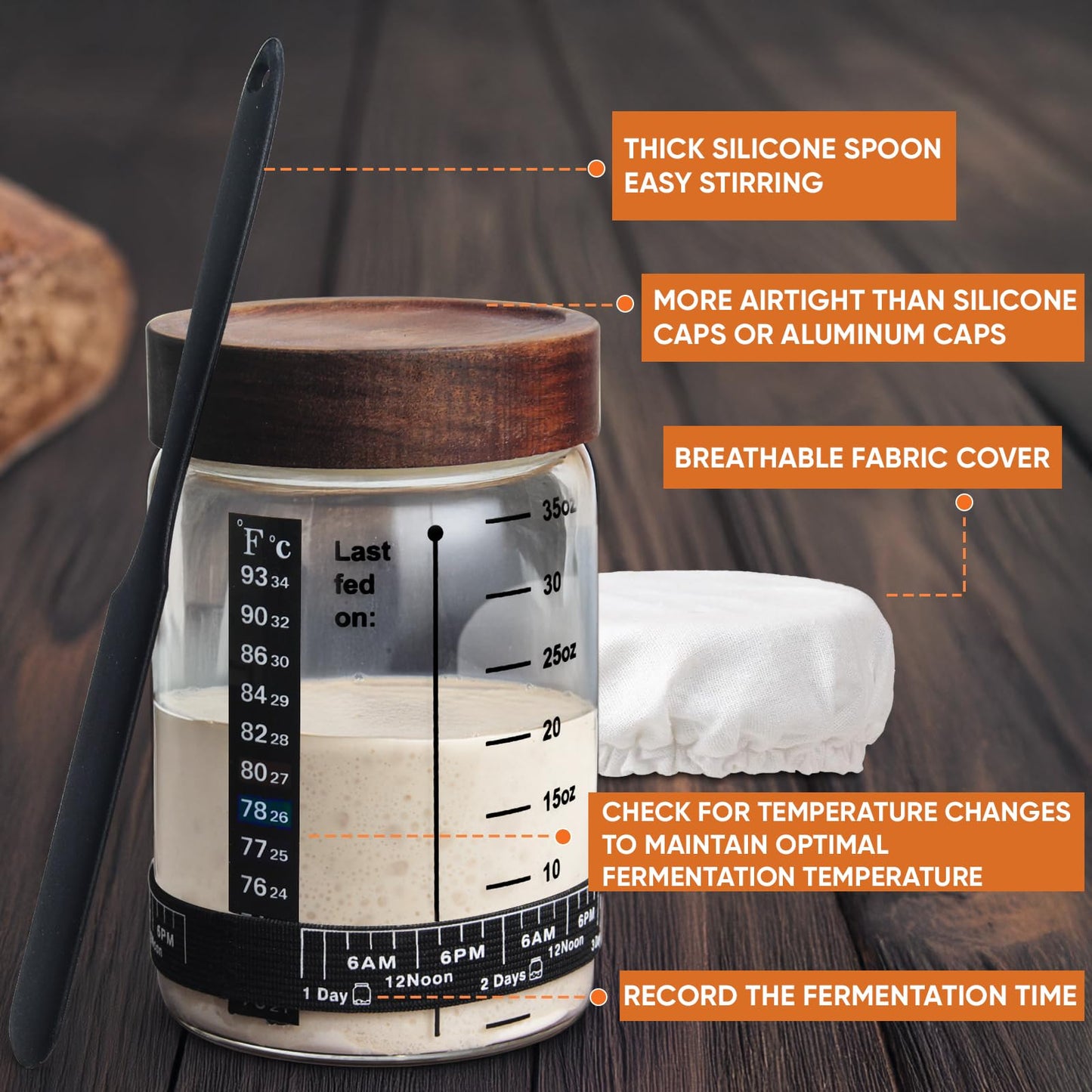 77L Sourdough Starter Kit - 35 oz Jar, Date Marker Band, Thermometer, Sc r, Cloth Cover, Acacia Wood Lid, 2 Pack