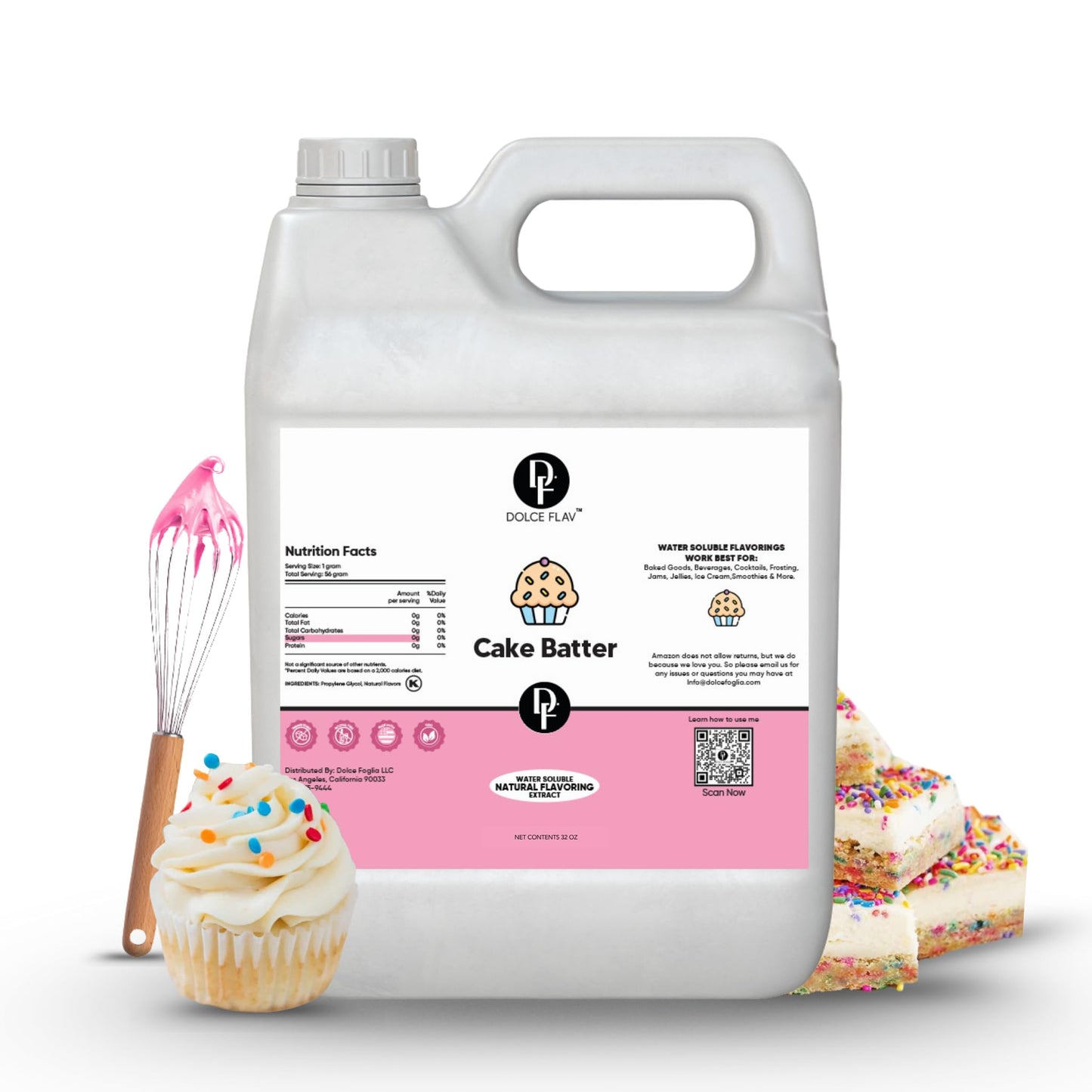 Dolce Flav Cake Batter Flavoring - 32 Ounce Water-Soluble Kosher Sugar-Free Concentrated Birthday Cake Flavor For Frosting Cupcakes & Ice Cream
