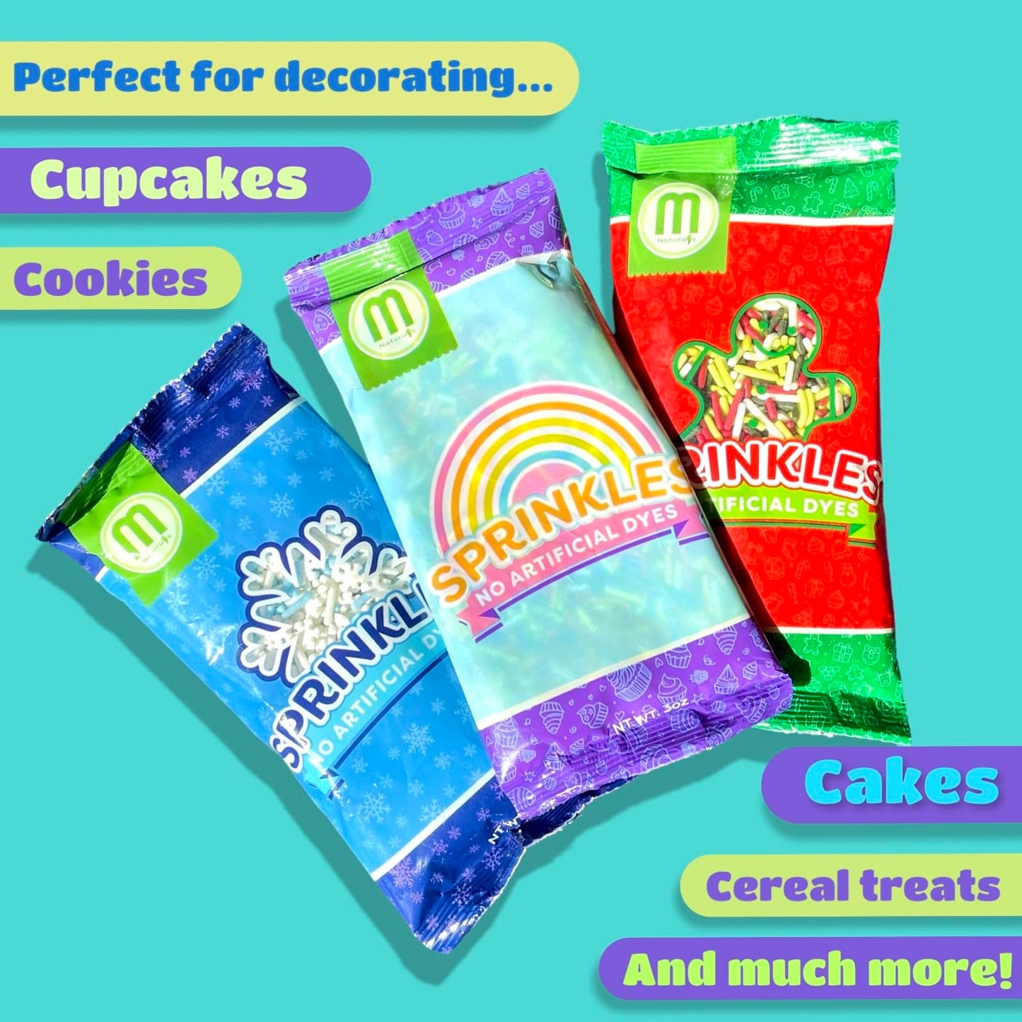Manvscakes, Natural Sprinkles, No Artificial Dyes, Snowflake Edible Sprinkles, Holiday Cake Decorations, Dessert, Cookies, 3 Oun