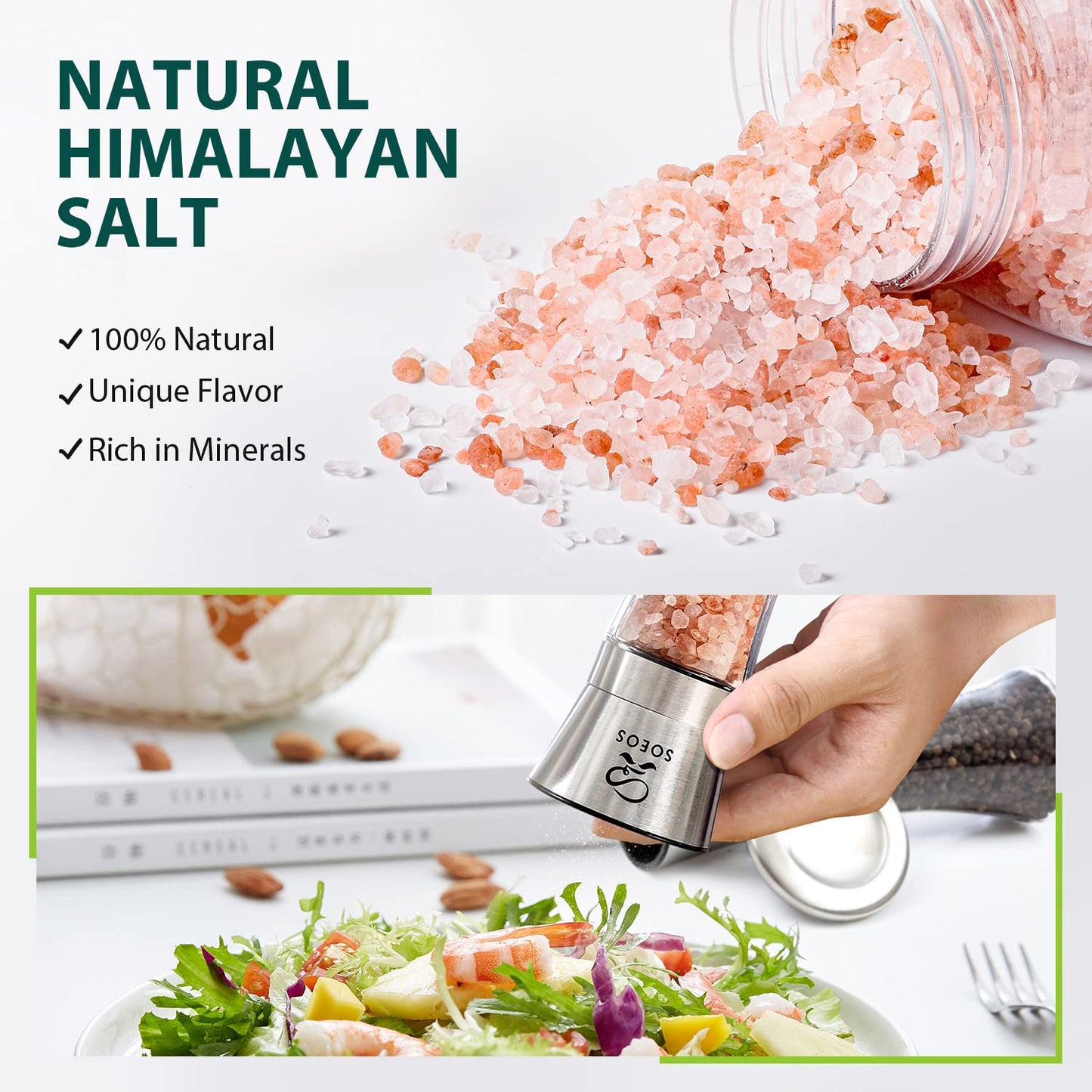 Soeos Himalayan Pink Salt And Rainbow Peppercorn Grinder Refills, 18Oz Salt & 8Oz Peppercorns, Kosher Seasoning Set For Cooking