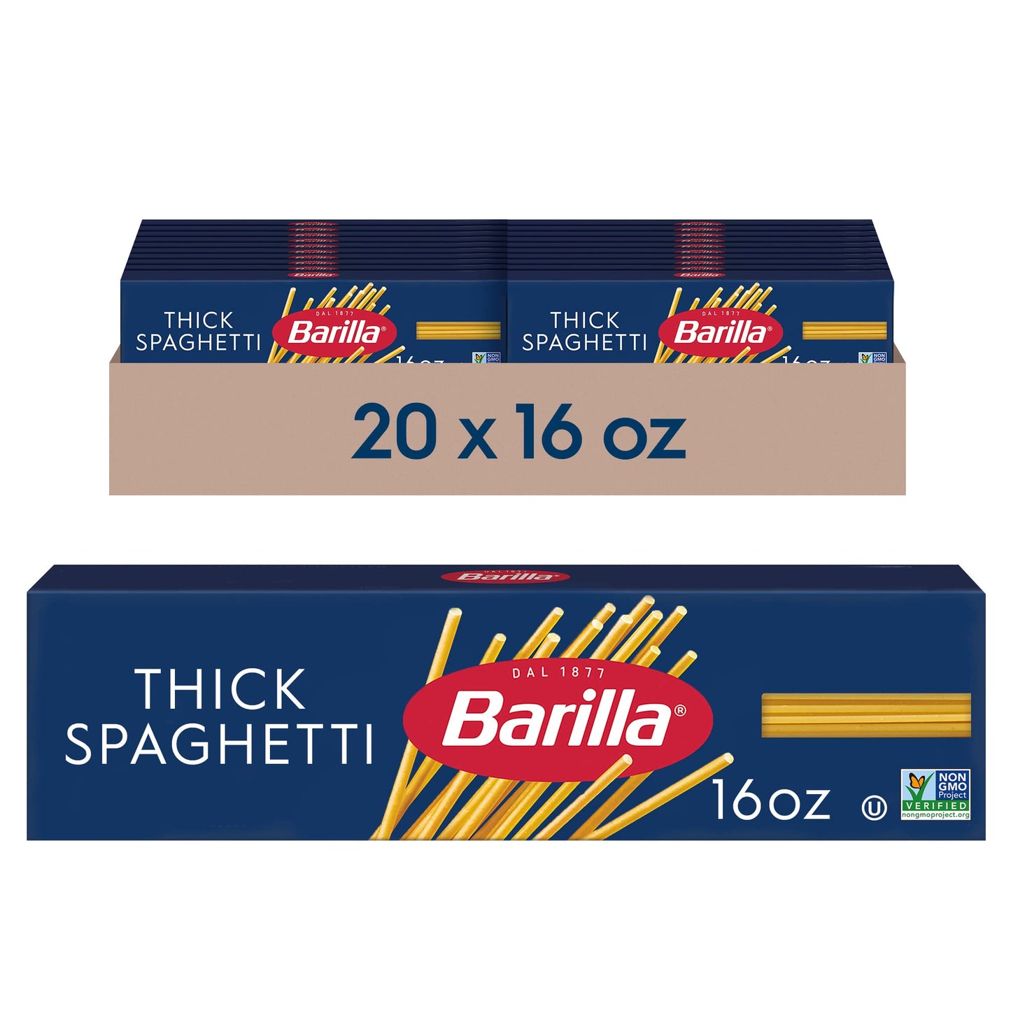 Barilla Thick Spaghetti Pasta, 16 Oz. Box (Pack Of 20) - Non-Gmo Pasta Made With Durum Wheat Semolina - Kosher Certified Pasta