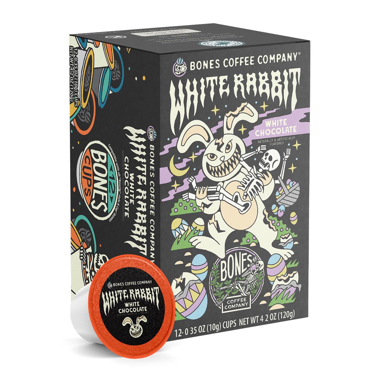 Bones Coffee Company White Rabbit White Chocolate Flavored Coffee Pods Low Acid Medium Roast Single-Serve Bones Cups Compatible With 1.0 & 2.0 K-Cups Beverage Makers Coffee Maker 12 Count