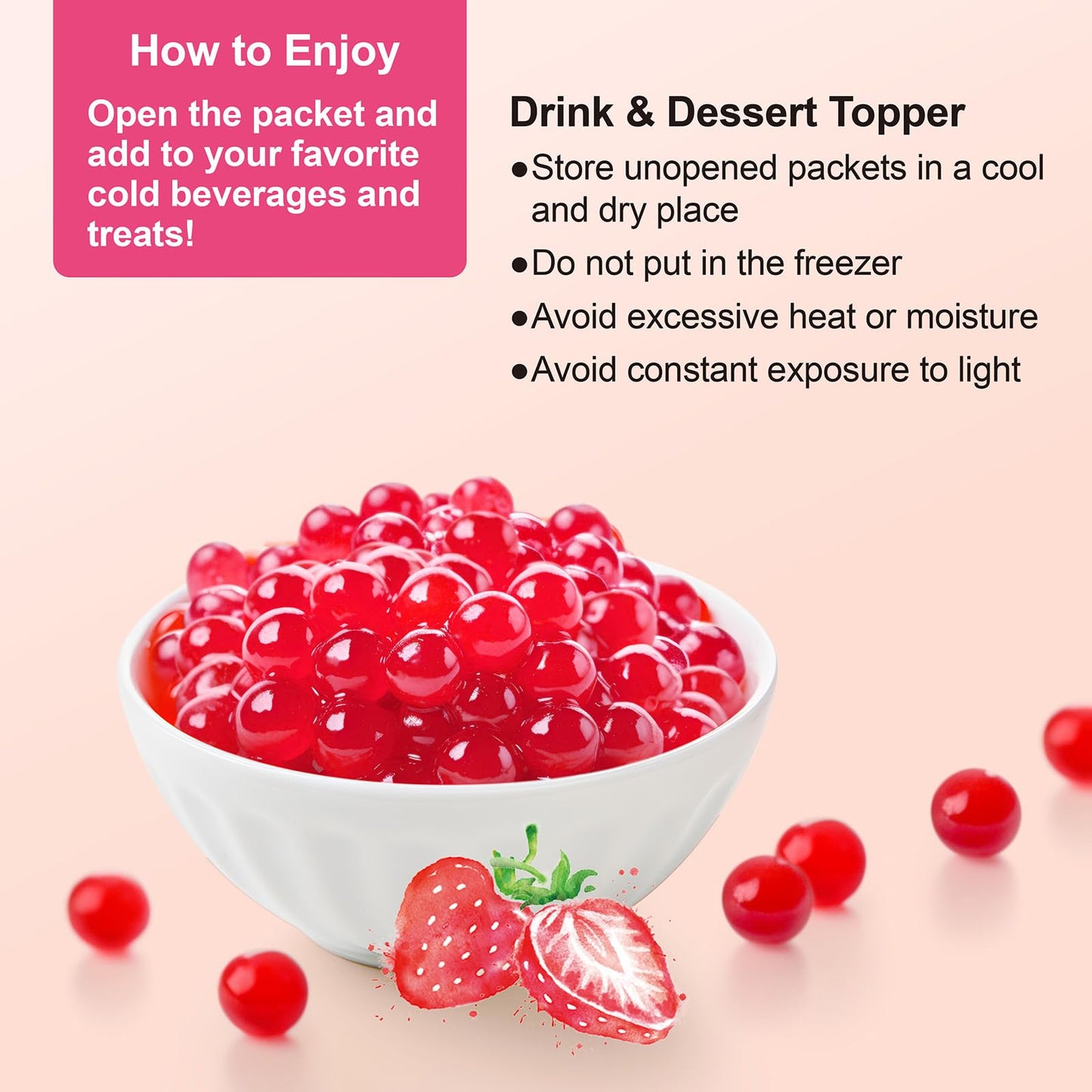 J Way Bursting Popping Strawberry Boba Pearls, Strawberry Syrup, Non-Dairy, Fat-Free Popping Tapioca Boba For Beverages, Sweets,