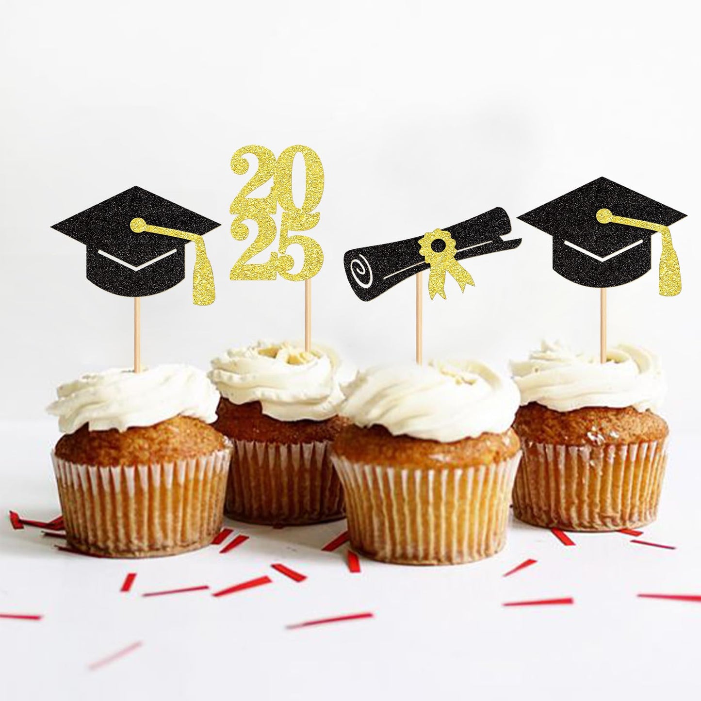 Keaziu Graduation Cupcake Toppers, 24 Pack, Class of 2025, Gold 3