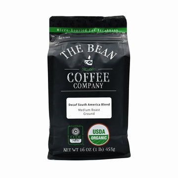 The Bean Organic Coffee Company Water Processed Decaf South America Blend, Medium Roast, Ground Coffee, 16-Ounce Bag, Café Molido Tostado Orgánico Descafeinado