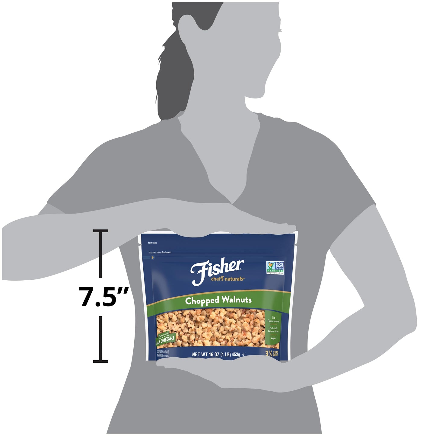 Fisher Chefs Naturals Chopped Walnuts 1 Lb, 100% California Unsalted Walnuts For Baking & Cooking, Snack Topping, Resealable Bag, Healthy Snacks For Mature-Themeds, Vegan Protein, Keto Snack, Chopped Nuts