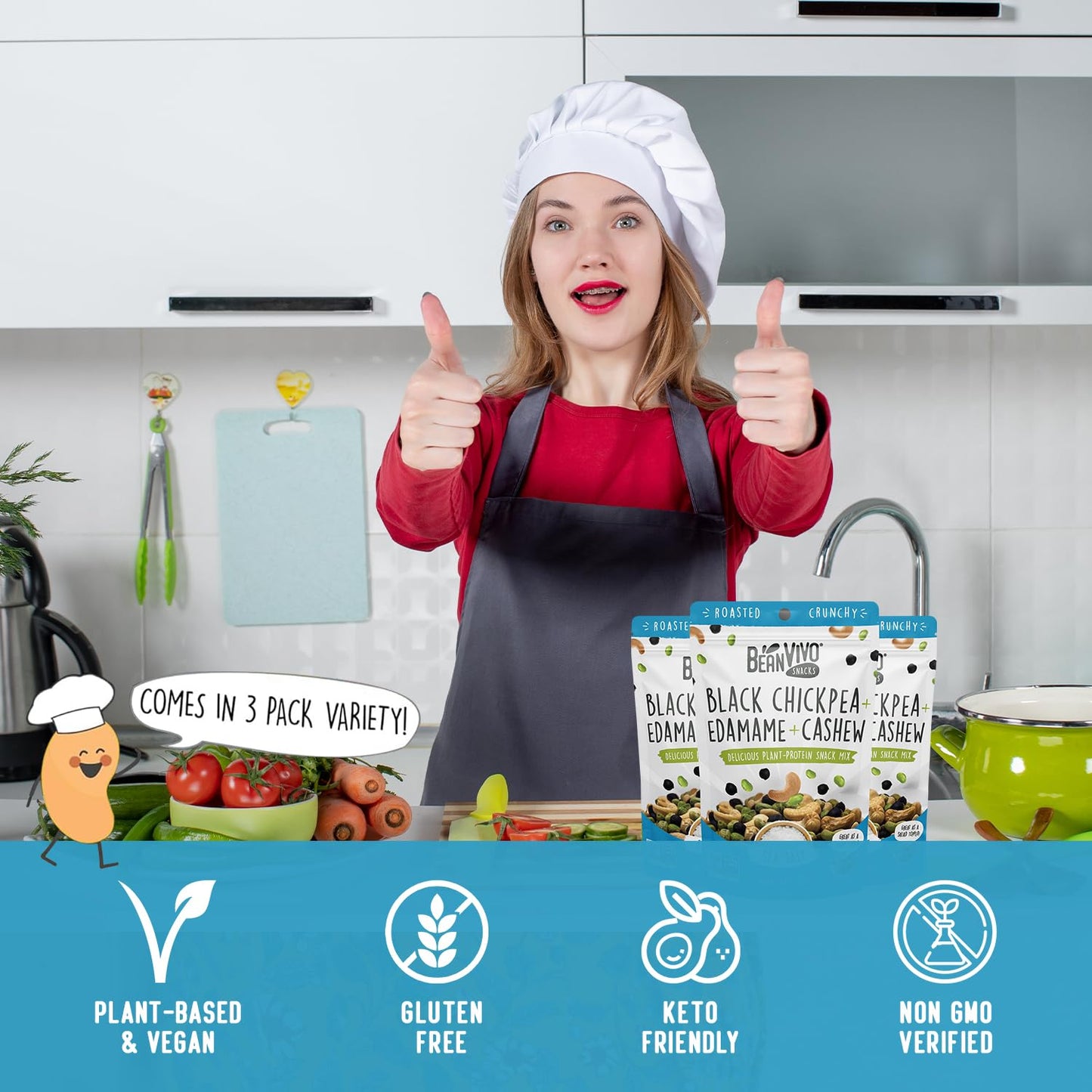 BeanVIVO Plant Based Protein Snacks - (7 Gram Protein) Sea Salt Flavor with Dried Edamame, Roasted Cashew and Chickpeas - Non-GM