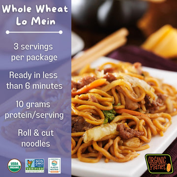 Organic Planet Whole Wheat Lo Mein Noodles, Non-Gmo, Organic, Vegan, Asian, Chinese Style Noodles, 8 Oz (6 Pack)