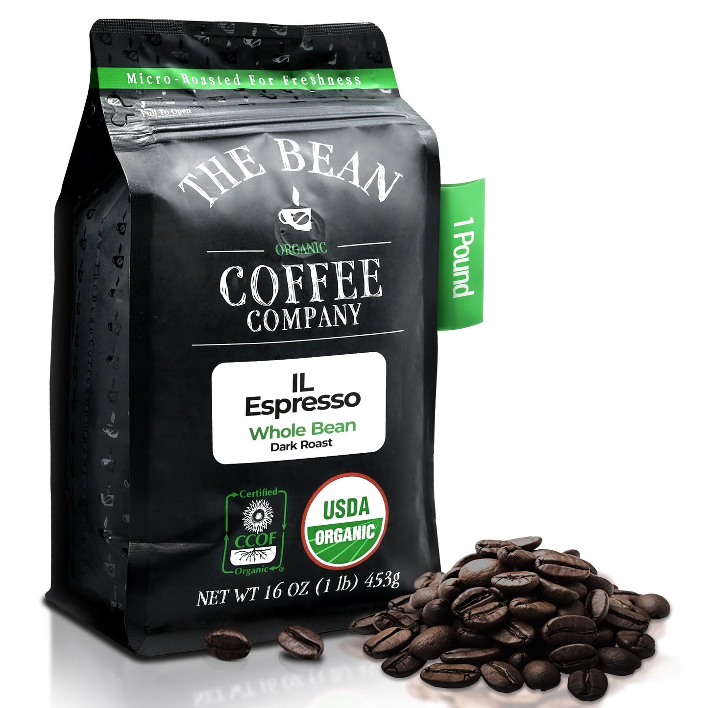The Bean Organic Coffee Company Il Espresso, Dark Roast, Whole Bean Coffee, 16-Ounce Bag
