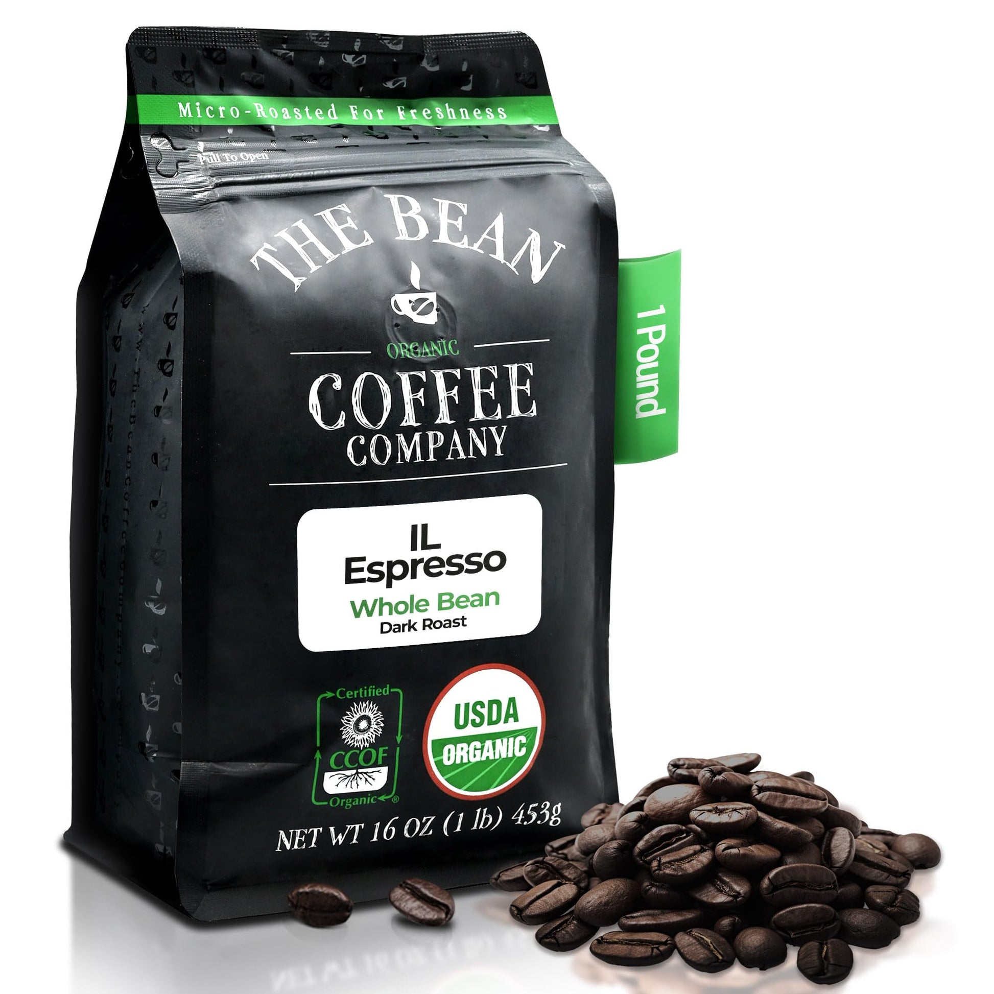 The Bean Organic Coffee Company Il Espresso, Dark Roast, Whole Bean Coffee, 16-Ounce Bag