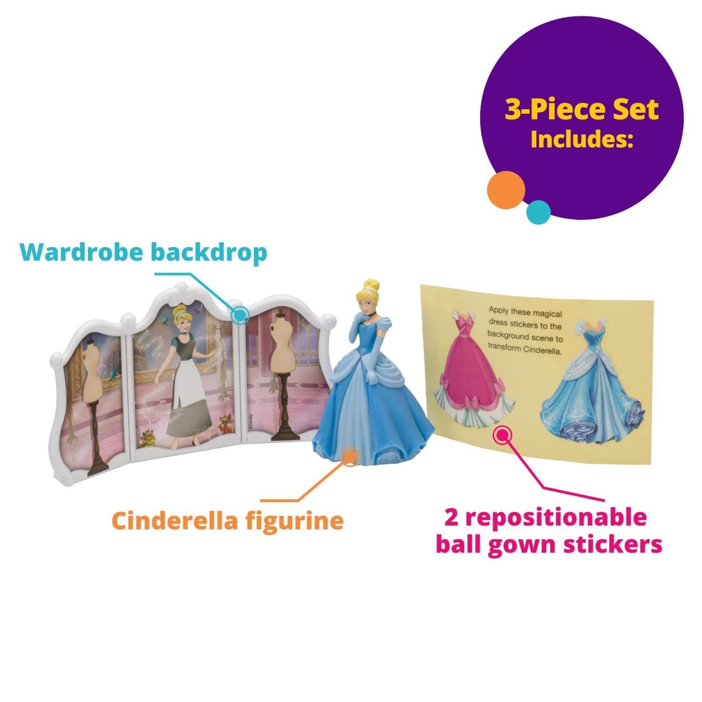 DecoSet Disney Princess Cinderella Transforms Cake Topper, 4-Piece Birthday Cake Decorations Set with Figurine and Dress Sticker