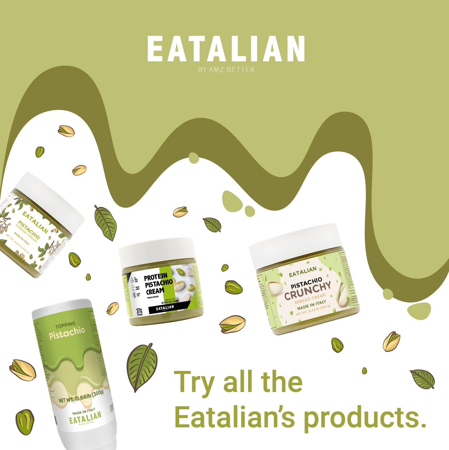 EATALIAN Pistachio Cream, 7oz Spreadable Paste, Sweet Taste, Ideal for Bread & Desserts, Made in Italy