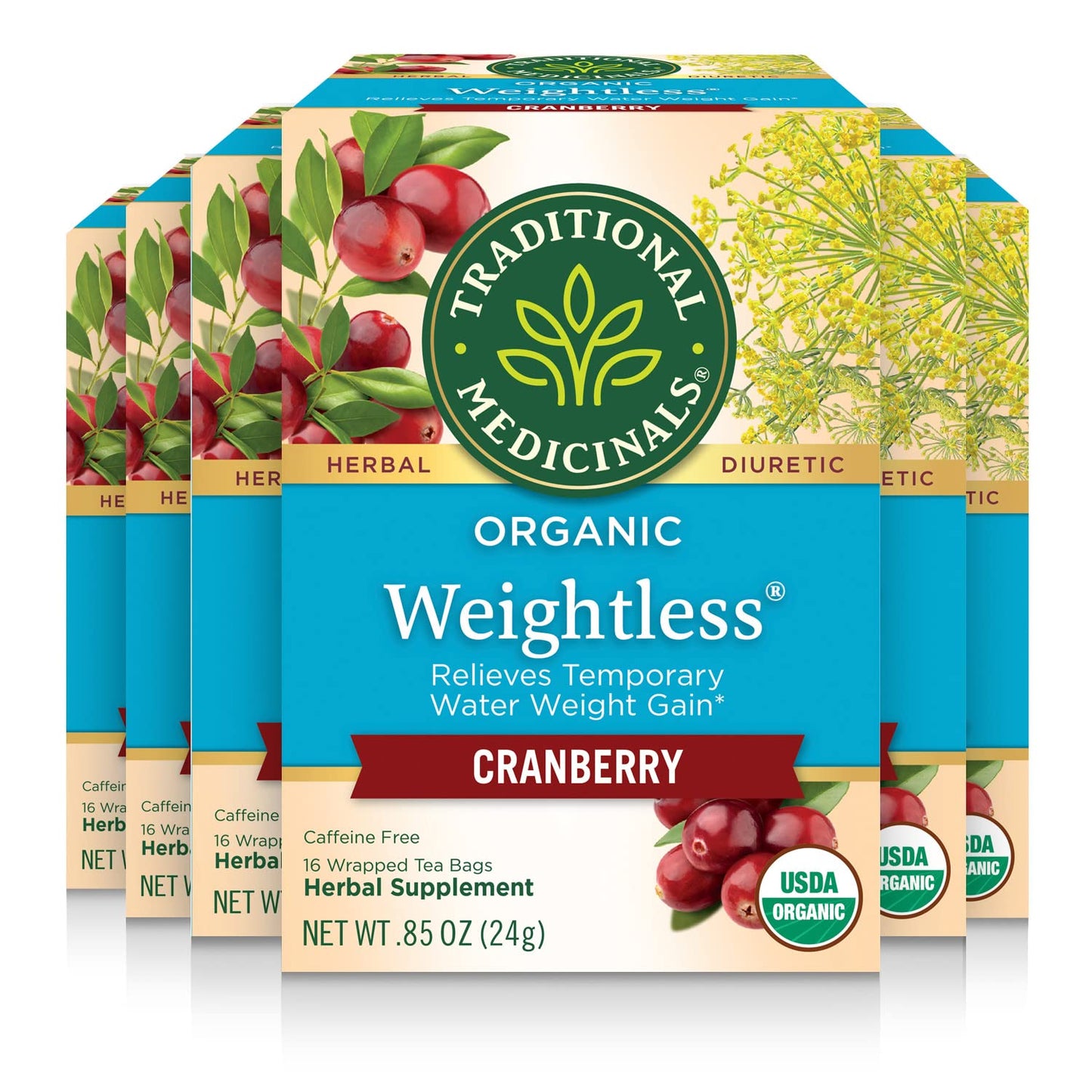 Traditional Medicinals Tea Organic Weightless Relieves Temporary Water Weight Gain Cranberry 96 Tea Bags (6 Pack)