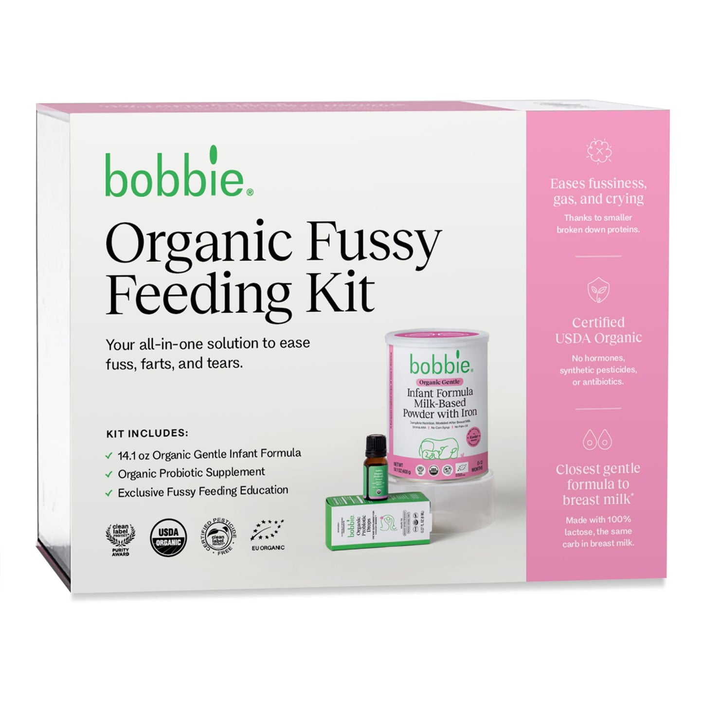 Bobbie Fussy Feeding Kit, Organic Gentle Baby Formula Milk Based Powder with Iron, DHA, Vitamin D & 100% Lactose (14.1 oz) Baby