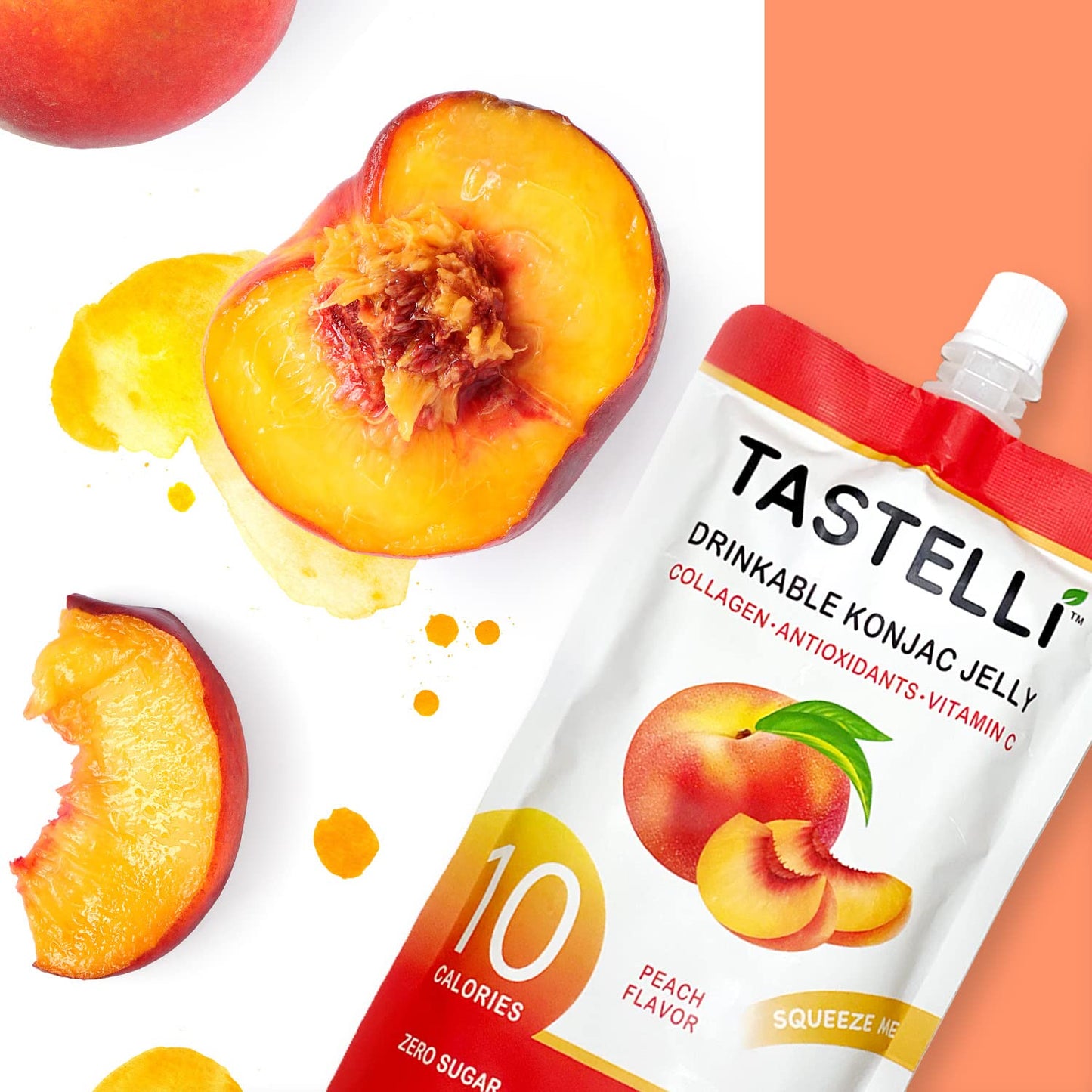 Tastelli Konjac Jelly Drink with Collagen + Vitamin C, 10 Calories, Vegan, Peach, 150mL x 10 Pouches