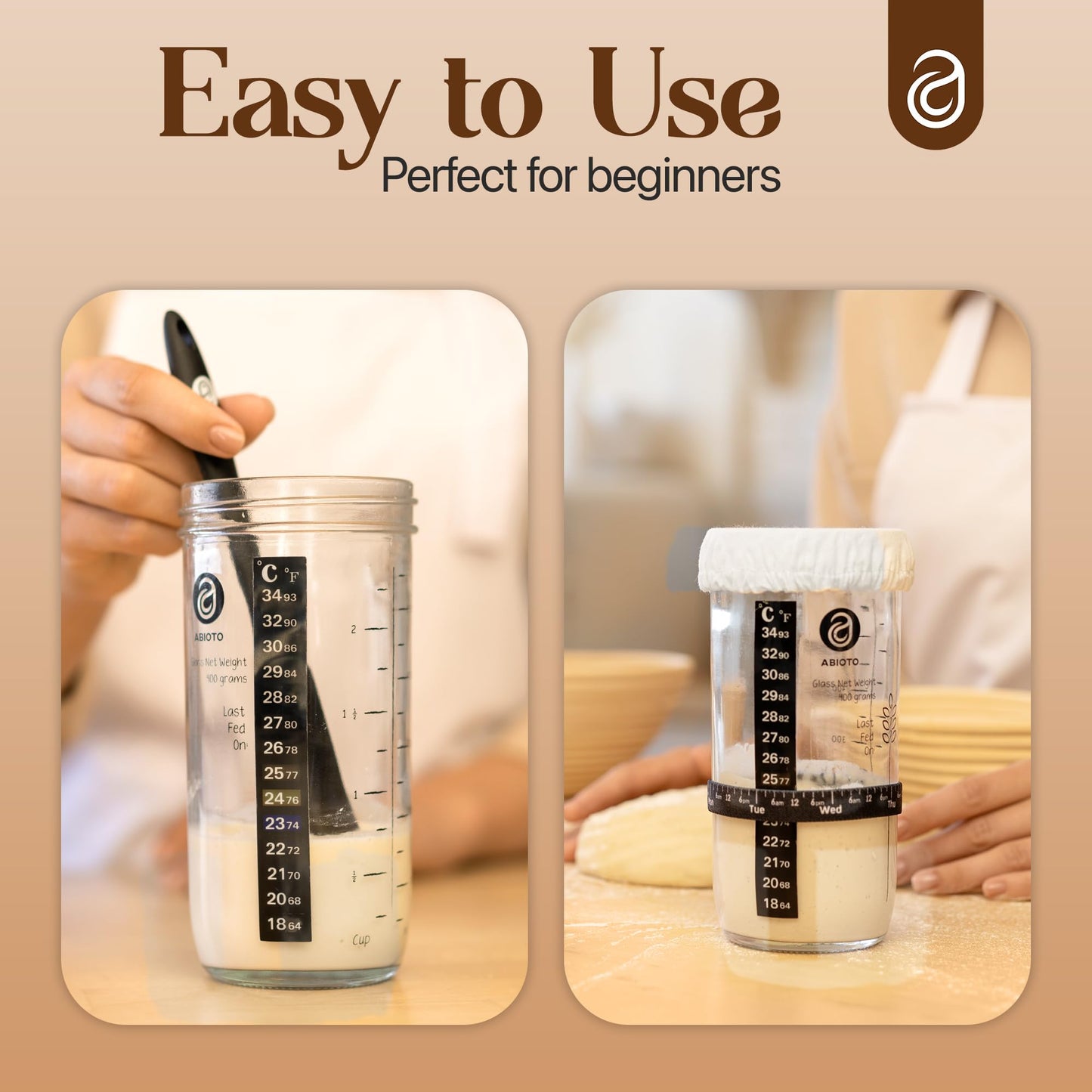 ABIOTO Sourdough Starter Jar Kit Includes 34 oz Sourdough Starter Jar with Metallic Lid Silicone Spatula Feeding Tracker Extra Thermometer Strips & Breathable Covers - Sourdough Bread Starter Kit