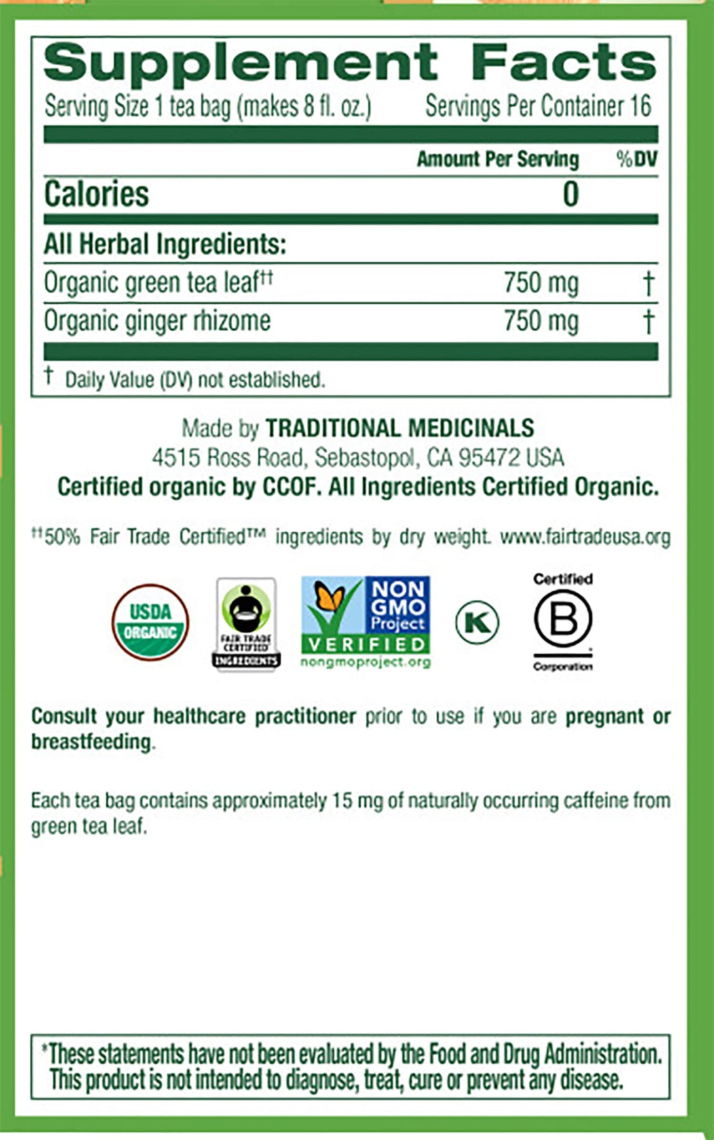 Traditional Medicinals Organic Green Tea Ginger Herbal Tea, Promotes Healthy Digestion, (Pack Of 1) - 16 Tea Bags