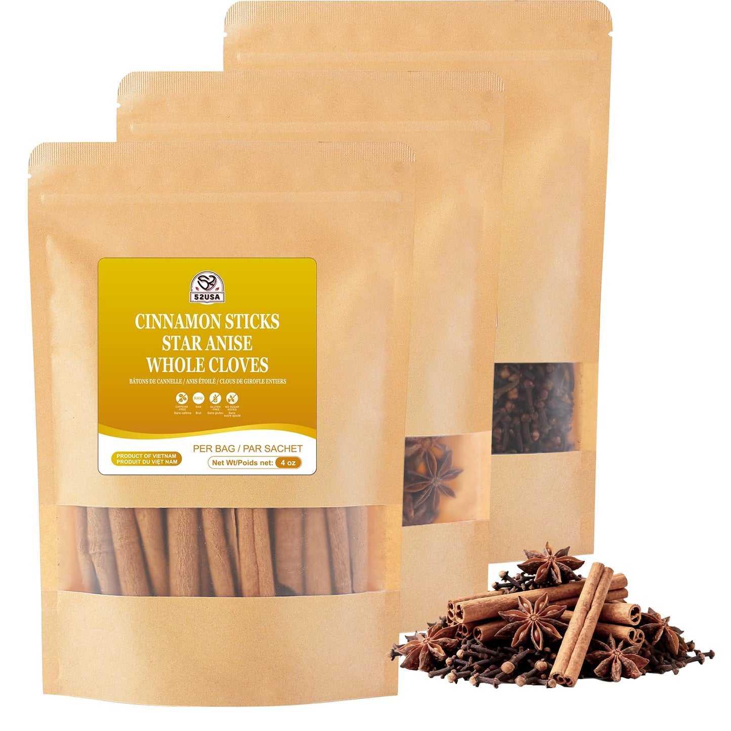 52Usa Cinnamon Sticks Cloves Star Anise - 4Oz Each All Natural Spice Set No Preservatives Perfect Kitchen Refill Spice Gift Set Cinnamon Stick For Brewing Tea Simmering Red Beverage-Inspired Stewing Meat