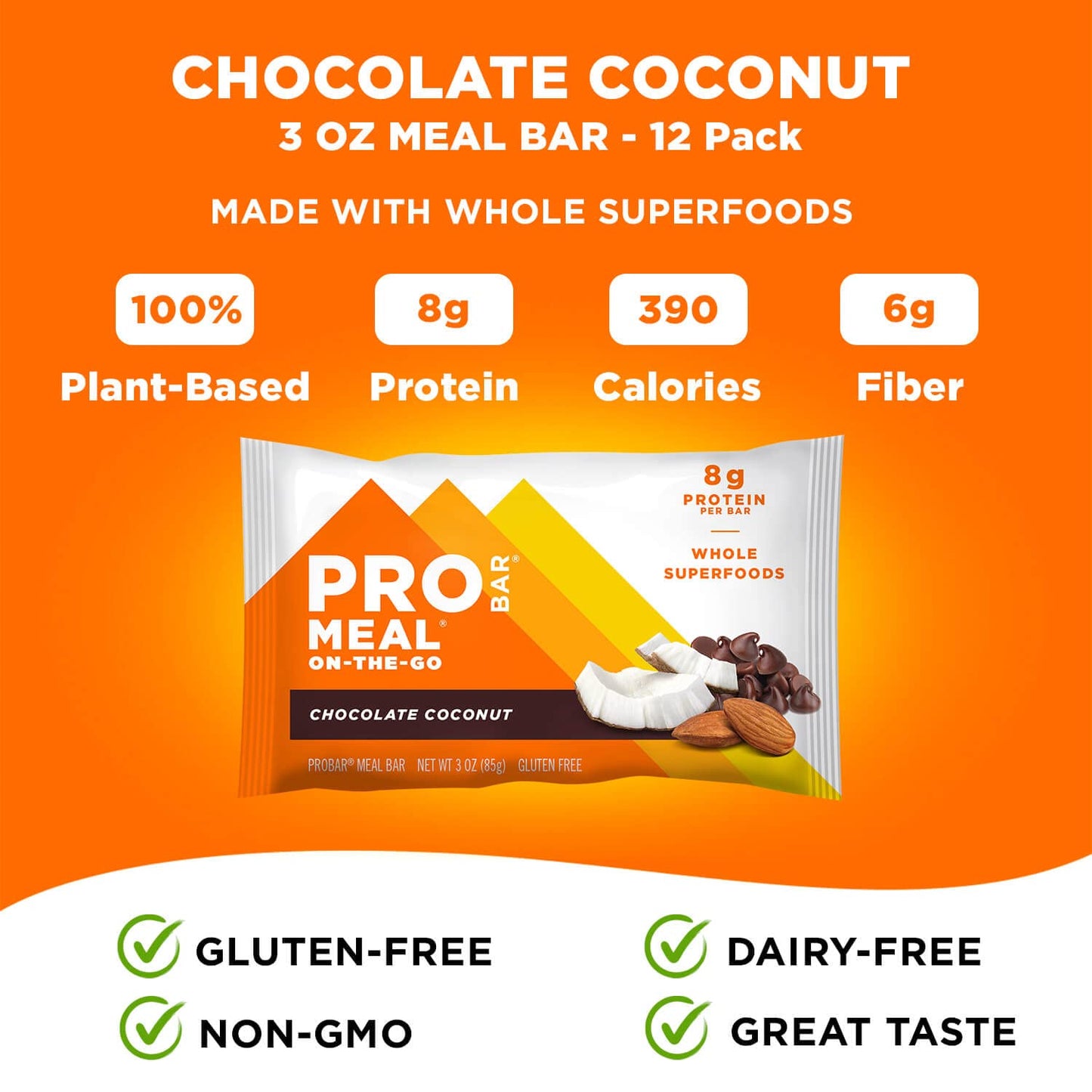 PROBAR - MEAL Bar, Chocolate Coconut, Non-GMO, Gluten-Free, Healthy, Plant-Based, Whole-Food Ingredients, Natural Energy (12 Cou