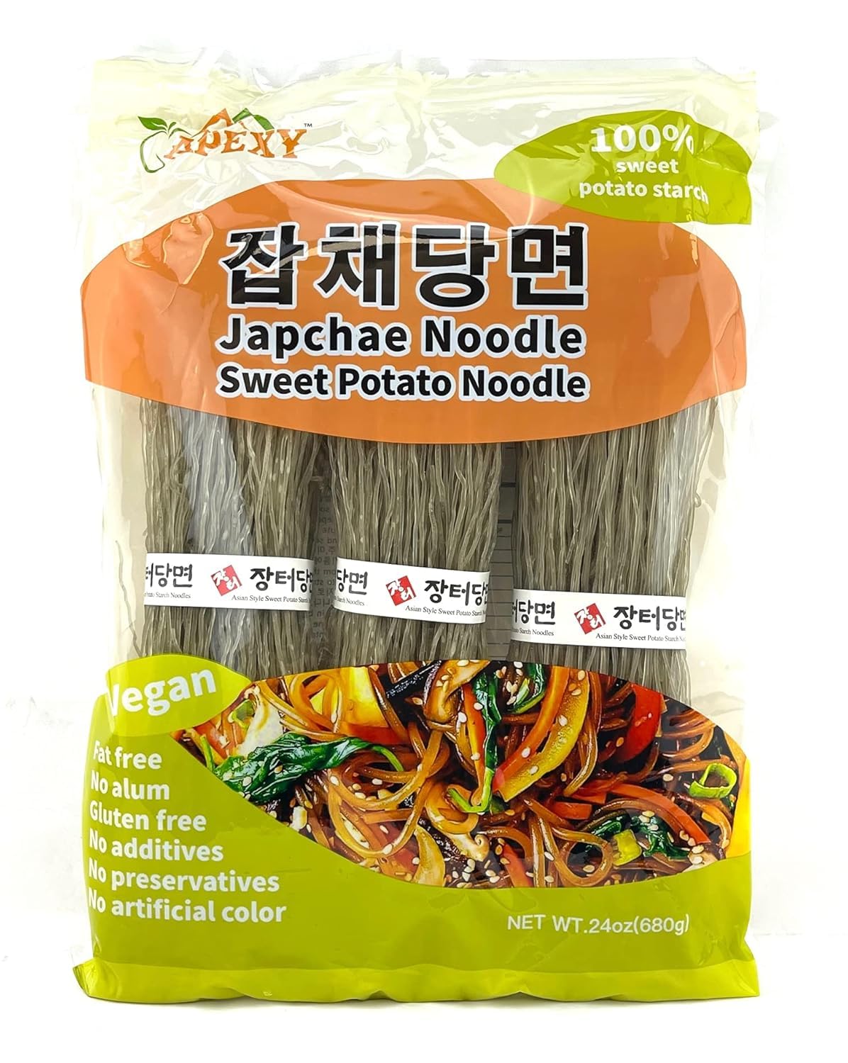 Apexy Sweet Potato Glass Noodles, Japchae Noodles, Korean Vermicelli Pasta, Fat-Free And Gluten-Free, 100% Sweet Potato Starch, No Additive, No Alum Inside, 24Oz (680G)