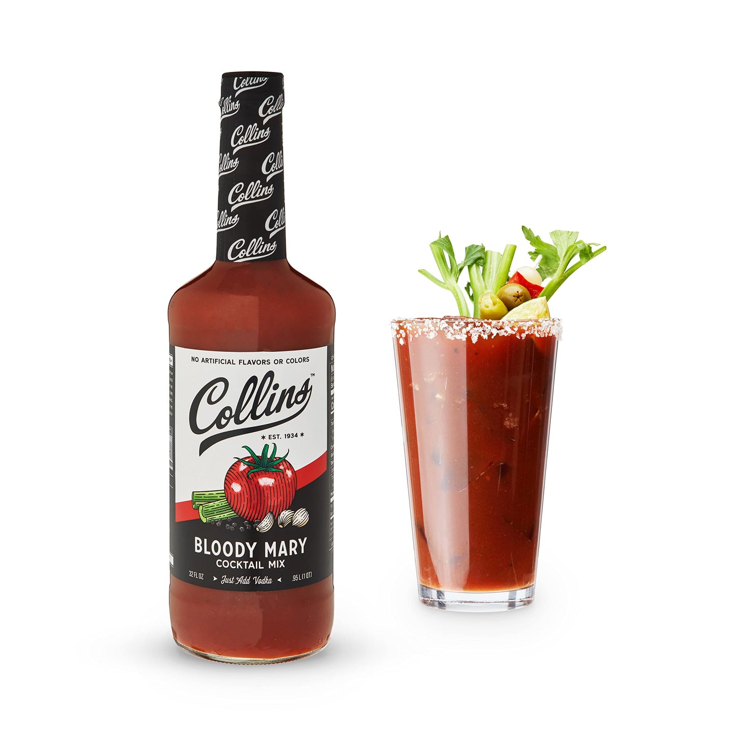 Collins Classic Bloody Mary Mix, Glass Bottle, 32 fl oz, Black Cap, Model 6000