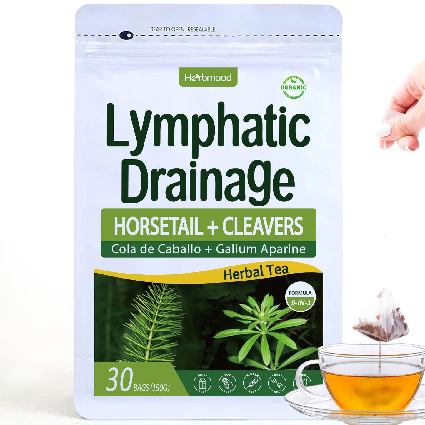 Herbmood Cleavers Lymphatic Drainage Tea Bags for Lymph System Support, Horsetail and Dandelion Organic Herbal Formula, Lymphati