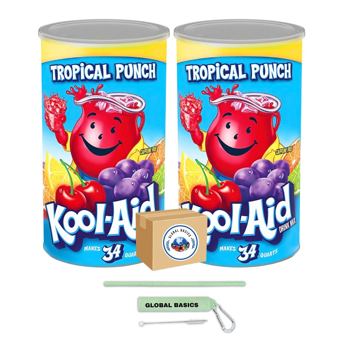 Global Basics Kool Aid Tropical Punch Flavored Powdered Drink Mix | Pack of 2 | 82.5 oz Per Canister - 165 oz TOTAL | Includes A