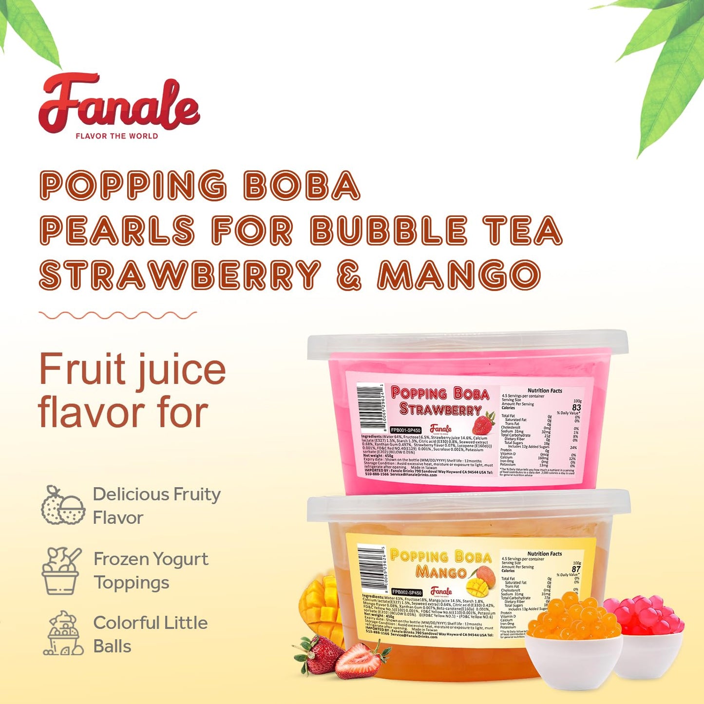 Fanale Popping Boba Pearls For Bubble Tea - 2 Lb (1 Lb X 2) | Strawberry Mango | Bursting Boba Pearls Bubble 450G X 2 | Fruit Ju