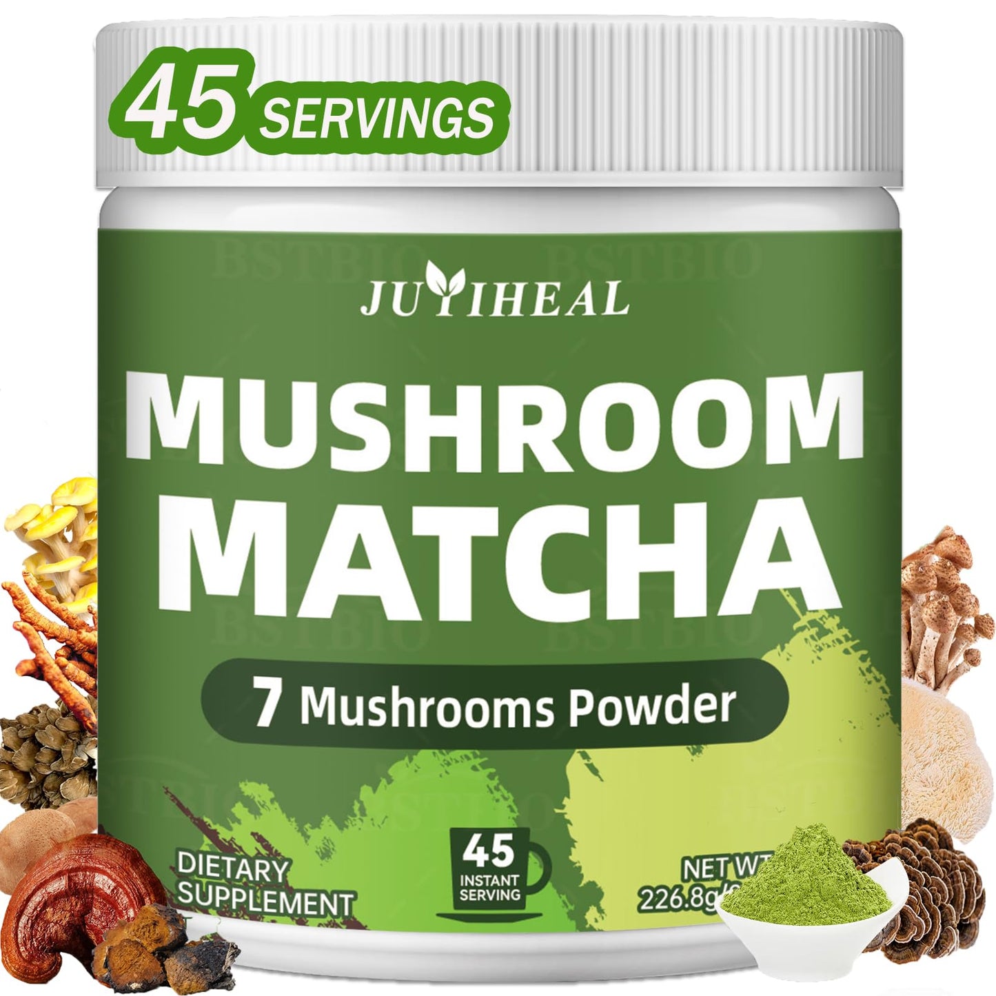 Juyiheal Mushroom Matcha 8 Oz | Japanese Ceremonial Matcha Infused With 7 Superfood Mushrooms Mct Oil Coconut Milk Powder | Energy Focus Digestion Immunity (45 Servings)