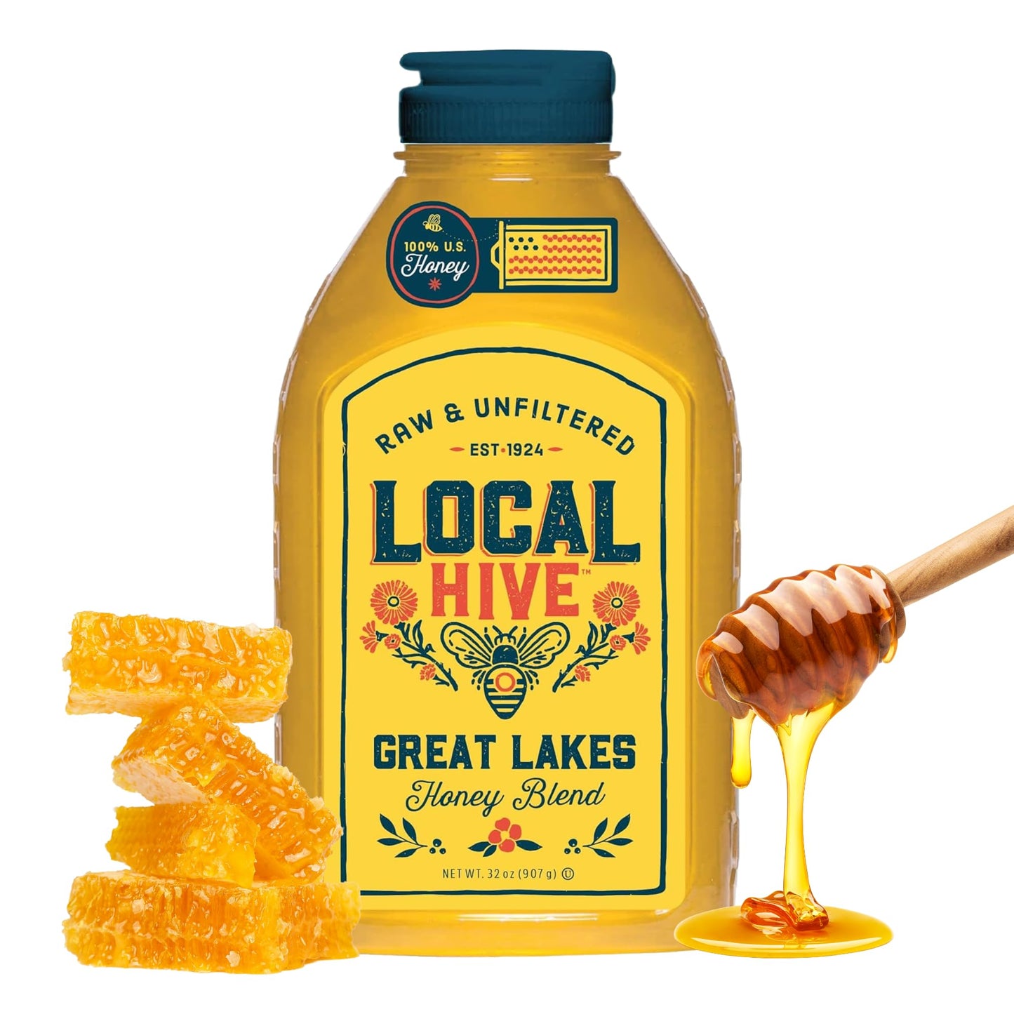 Local Hive Great Lakes Raw & Unfiltered - 32 Oz | 100% Pure U.S. Honey | Natural Sweetener Sourced From American Bees & Beekeepers | Light Silky Smooth Flavor | Ideal For Tea Baking & Cooking