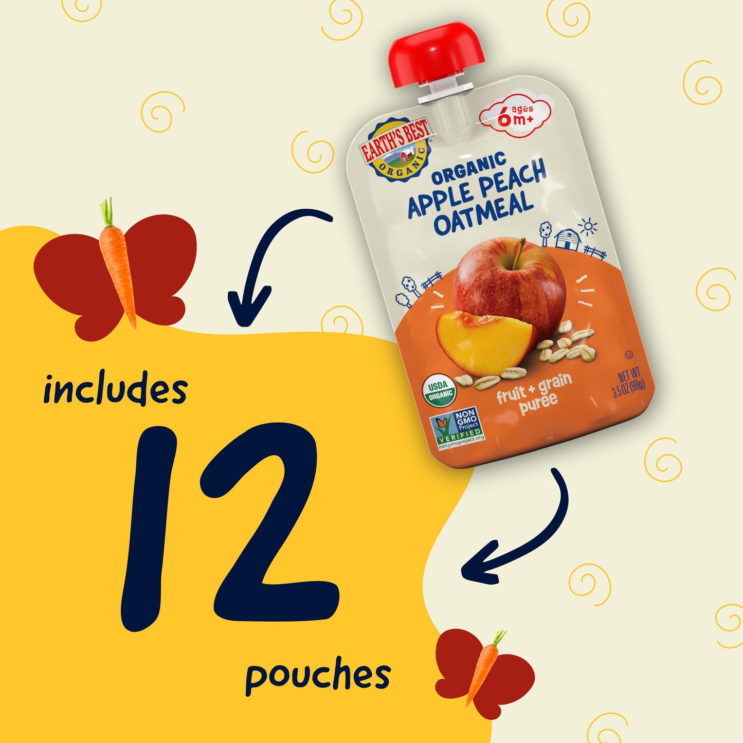Earths Best Organic Baby Food Pouches, Fruit and Grain Puree for Babies 6 Months and Older, Organic Apple Peach and Oatmeal Pur